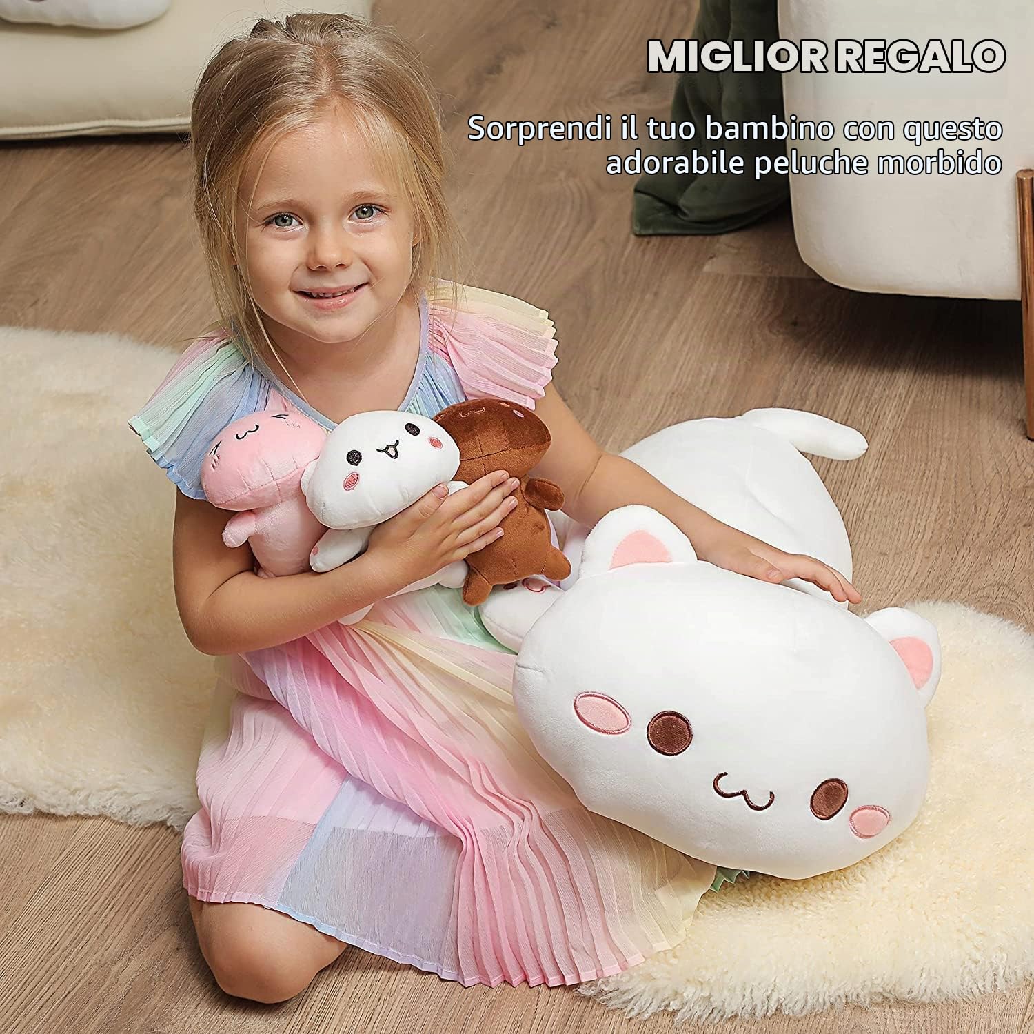shownicer Peluche Gatto Mamma con 3 Gattini, Animali di Peluche, Bambola di Peluche Cuscino in Peluche Giocattolo Morbido, Regalo per Bambini Ragazza 3+ Anni (Gatto Famiglia)