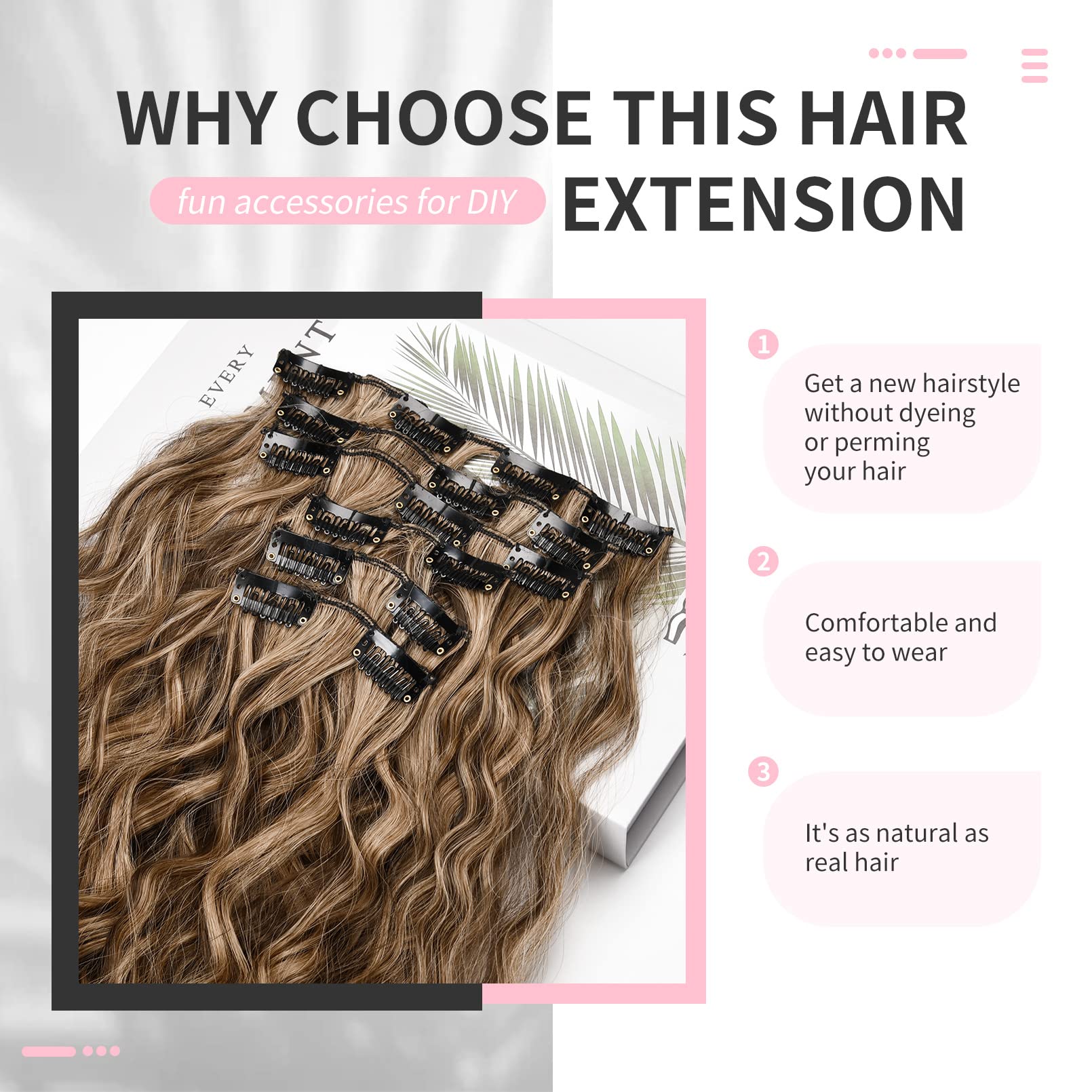 FLUFYMOOZ Clip In Hair Extensions,6PCS Hair Extensions Long Mermaid Waves Wavy Synthetic Clip On Hairpiece For Women 24 Inch (Deep Brown with Dirty Blonde) - Image 4
