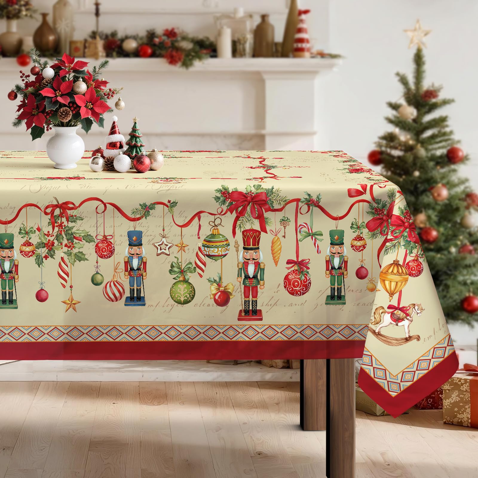 Arquiel Christmas Nutcracker Tablecloth Waterproof, Rustic Farmhouse Table Cloth Rectangle, Washable Table Cover for Christmas Party Home Kitchen Decoration (60×104 Inch)