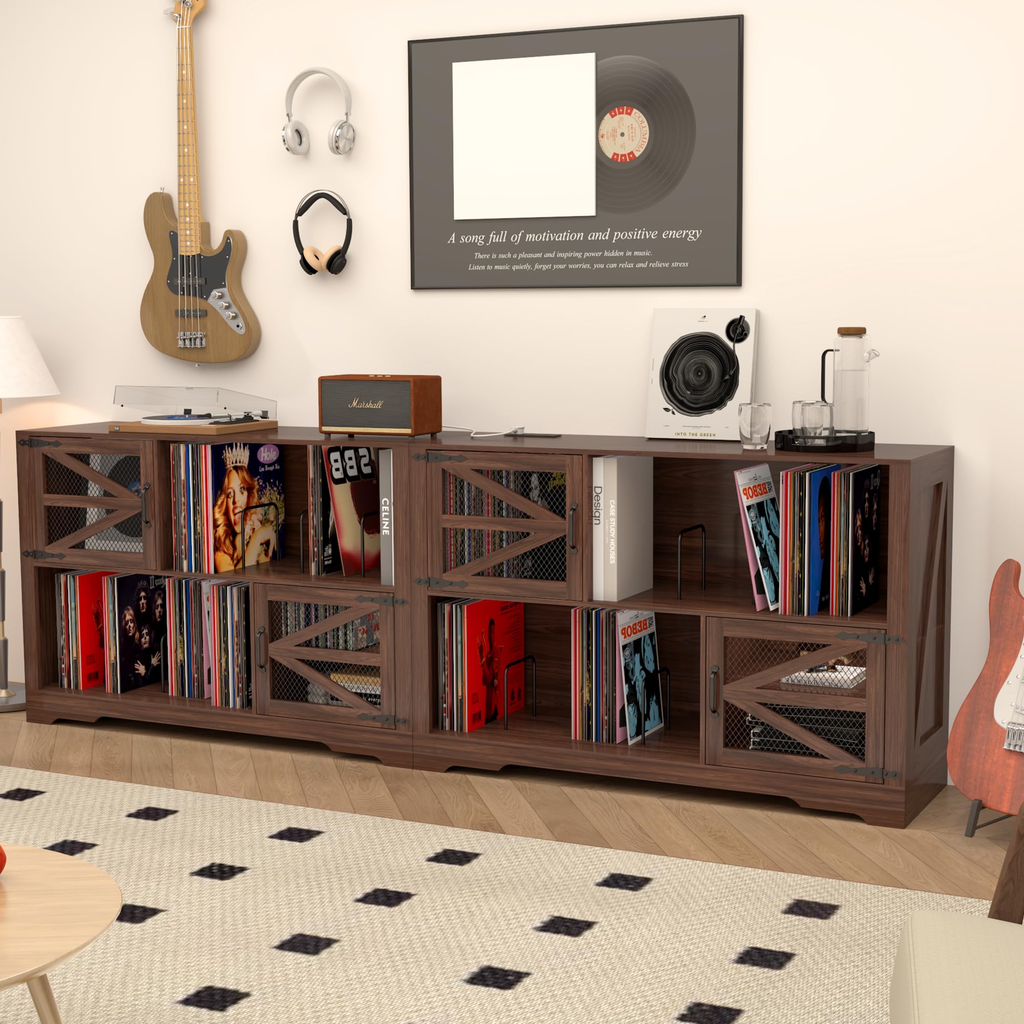 MDF Mueble para Discos de Vinilo con Acabado Nogal,Soporte para 500+ Vinilos, 2 Enchufes & 2 USB, Antivuelco, Mueble Compacto para Salón y Tocadiscos,Color Nogal（120×40×80cm）