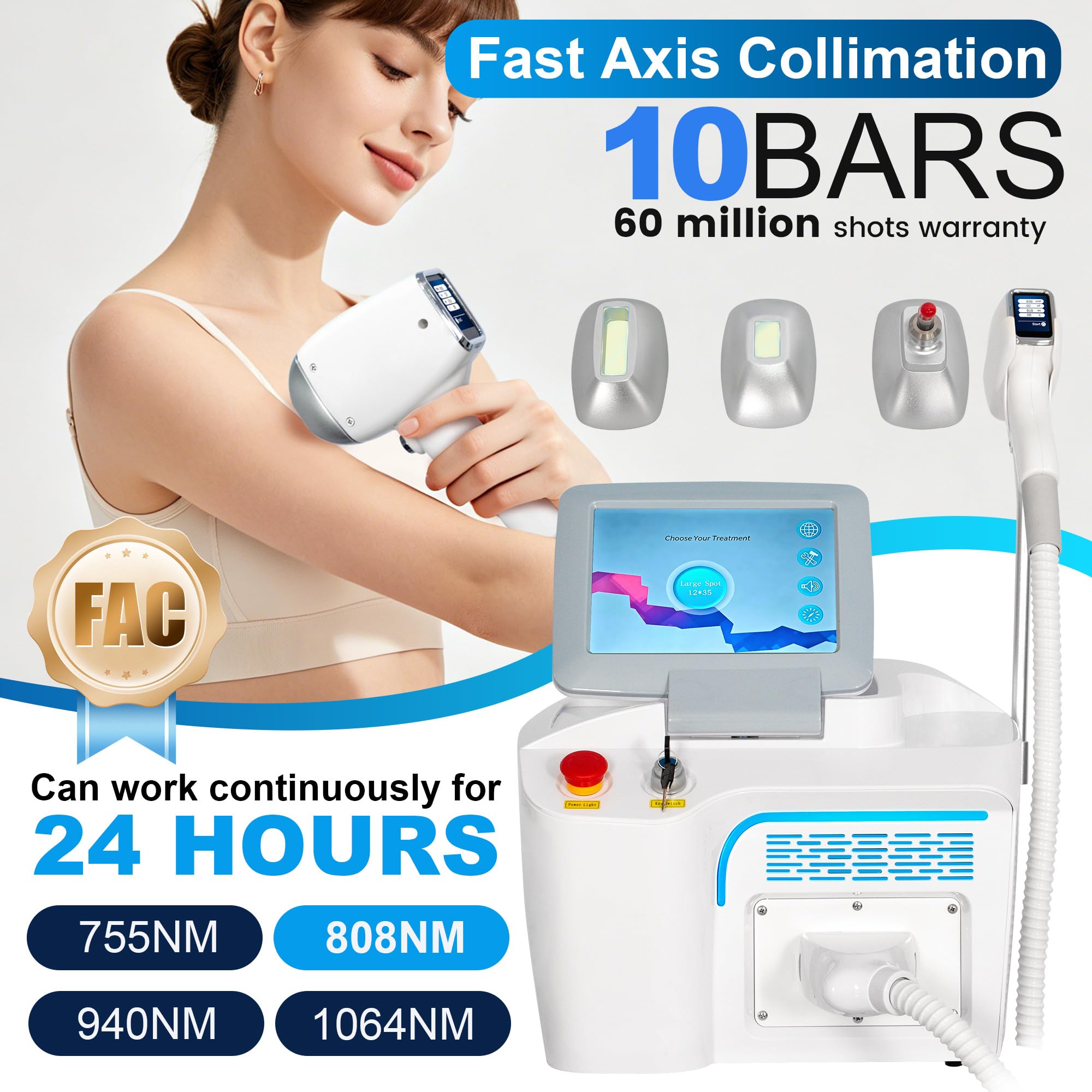 10 barre Macchina per Depilazione Laser Diodo 808nm Touchscreen LCD | 755nm/808nm/940nm/1064nm Sistema di raffreddamento avanzato Epilazione indolore su tutto il corpo