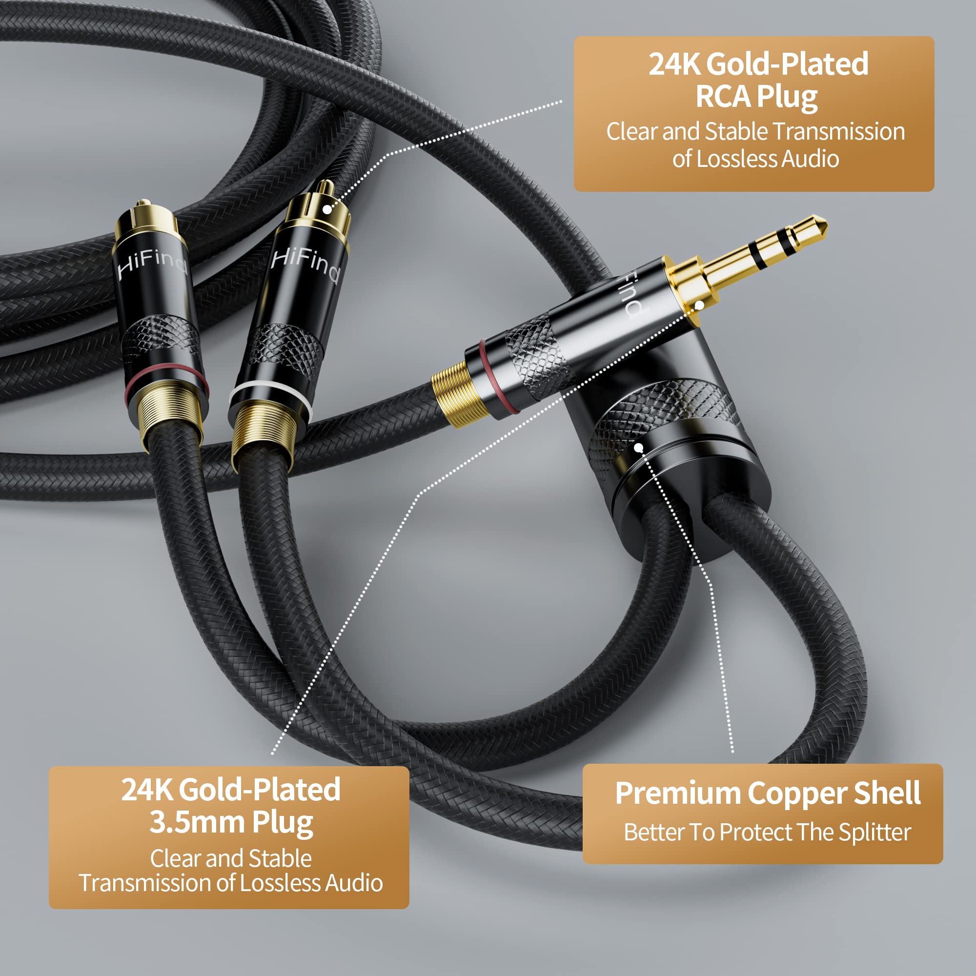 HiFind Cavo audio stereo da 3,5 mm a 2 RCA 1,2 m (suono Hi-Fi reale placcato in argento, molla SR intrecciata), 3,5 mm TRS maschio a doppio RCA maschio, cavo bidirezionale per Home Theater