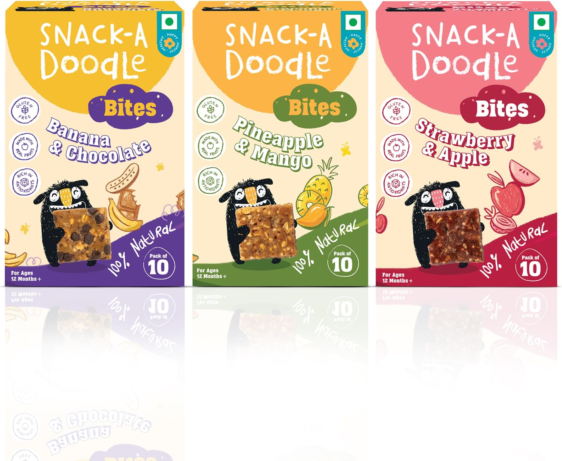 Snack-a-Doodle Banana Choco Chip, Mango Pineapple & Strawberry Apple Bites | Nutritious Healthy Snacks for Kids | No Added Sugar | Sweetened with Fruits | Vegan & Gluten-Free | Perfect for Tiffin, Evening Snacks & Travel | 300g