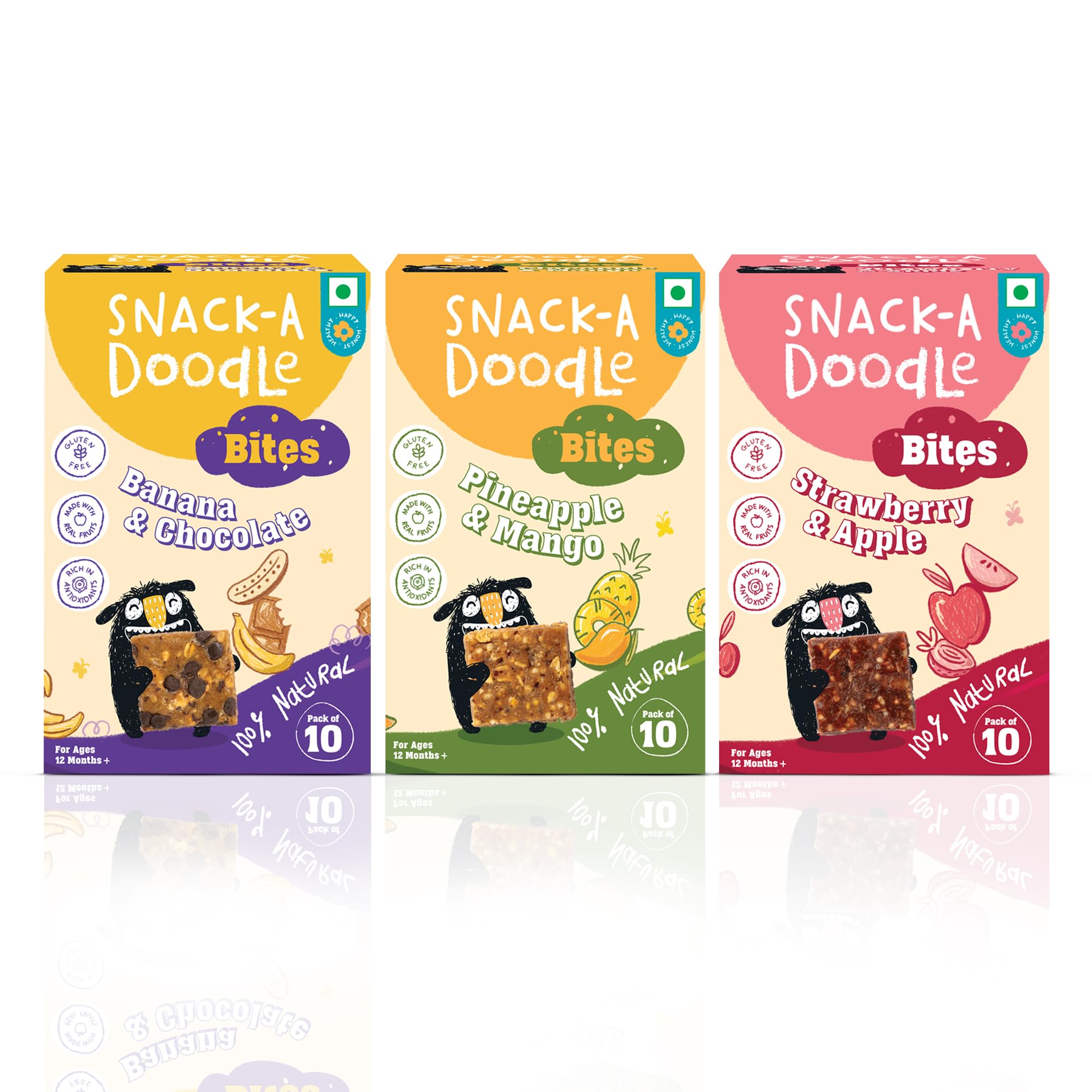 Snack-a-Doodle Banana Choco Chip, Mango Pineapple & Strawberry Apple Bites | Nutritious Healthy Snacks for Kids | No Added Sugar | Sweetened with Fruits | Vegan & Gluten-Free | Perfect for Tiffin, Evening Snacks & Travel | 300g