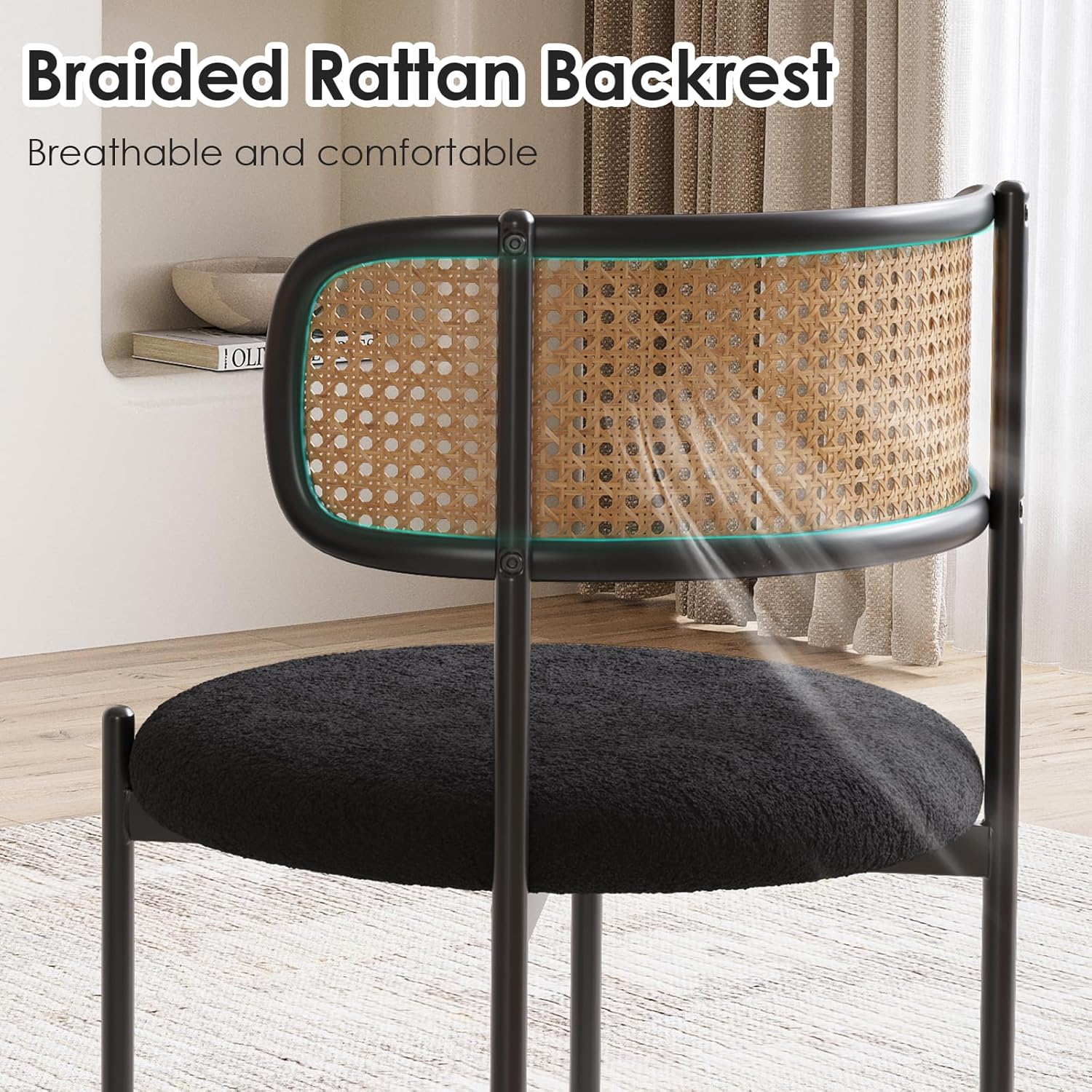 Farini Kitchen Chairs Set of 2, Mid-Century Modern Dining Chairs,Kitchen Dining Room Chairs, Rattan Backrest Round Upholstered Sherpa Dining Chairs,Black