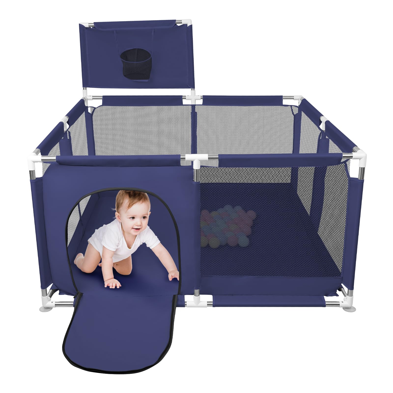 Parc Bébé, Centre d'activités pour Enfants, Modulable, Grand Parc De Jeux avec 50pcs Boules Plastiques, pour la Maison (126x126x66cm, Bleu Marine)