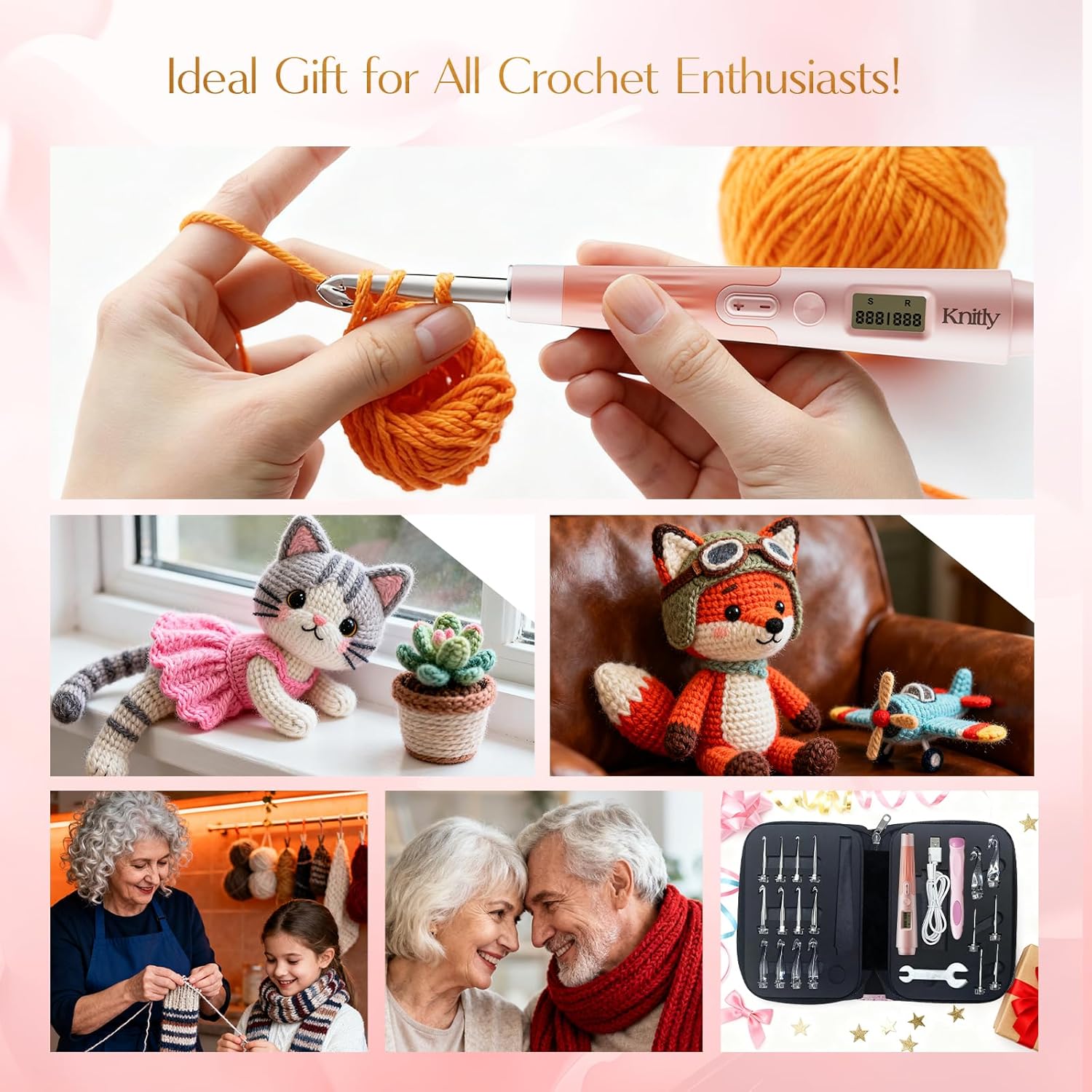 knitly Light Up Crochet Hooks Set with Digital Counter,18 Size Counting Crochet Hook with 2.0–14.0 mm Interchangeable Hooks,Ergonomic Crochet Kit&Gift for Arthritic Hands