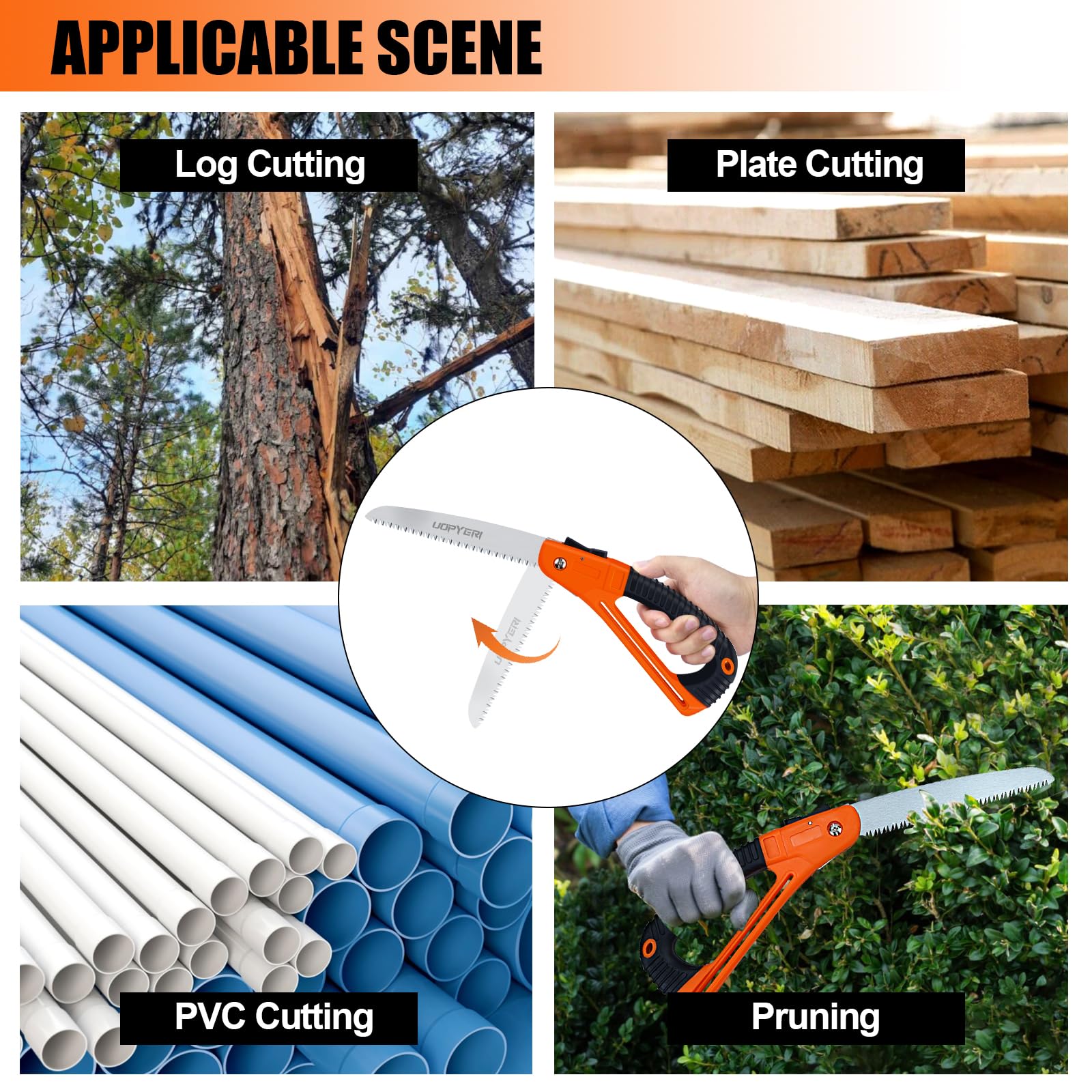 Sierra de mano plegable, hoja de acero de alto carbono de 8 pulgadas para corte suave, camping, jardinería, poda de árboles, corte de madera, diseño compacto con mango ergonómico antideslizante para