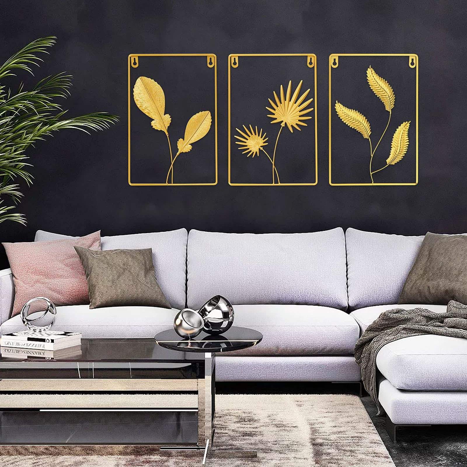Iron Wall Sculptures, Gold Wall Hanging Decor with Frame, Square Ginkgo Metal Art Gold Leaves Decorative Wall Hanging Ornaments for Home Bedroom Living Room Office Hotel