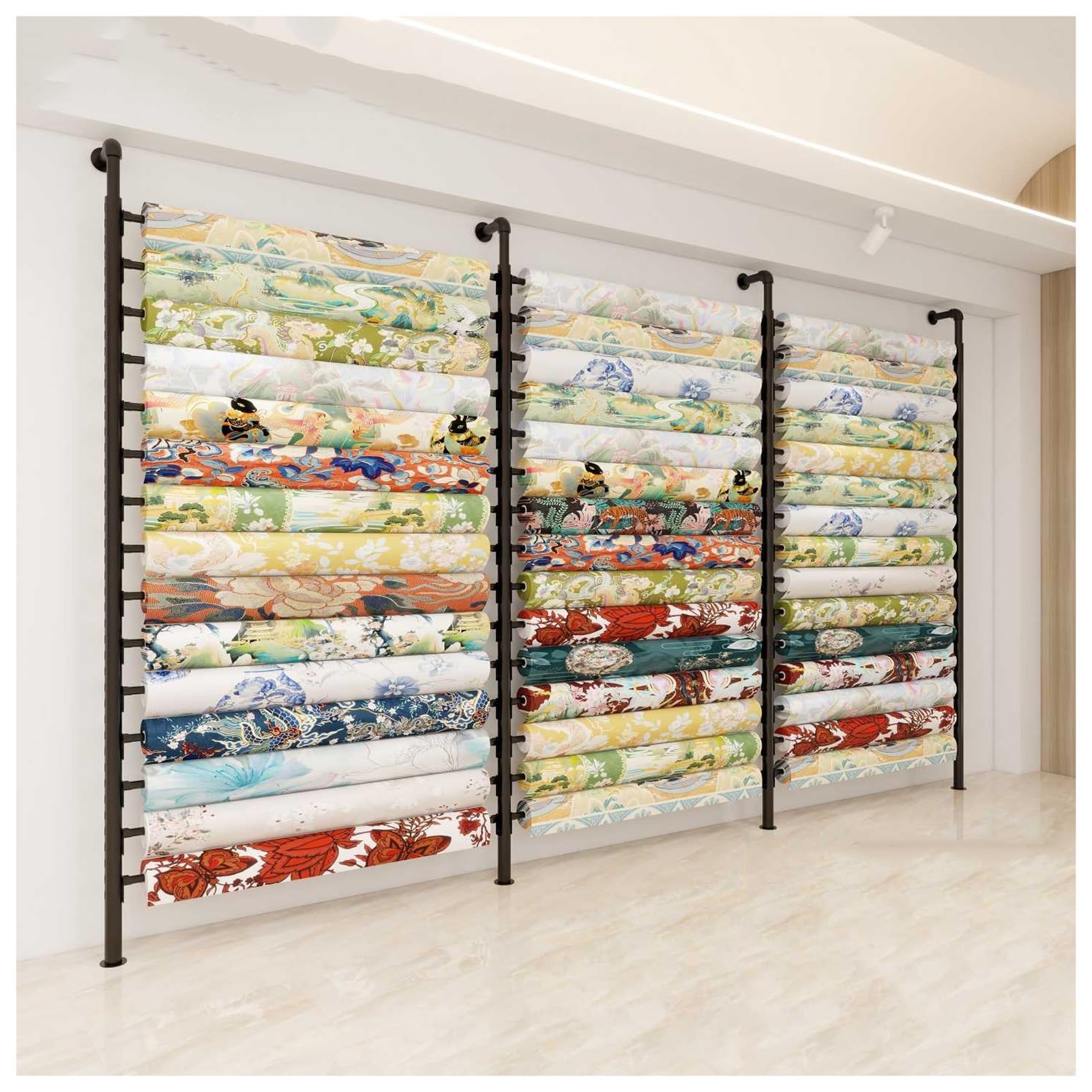 Wytrzymały i regulowany stojak na próbki tkaniny metalowej - 3-rzędowy organizer do sklepów i butików, idealny do szalików, bielizny i spodni - 473 x 240 cm