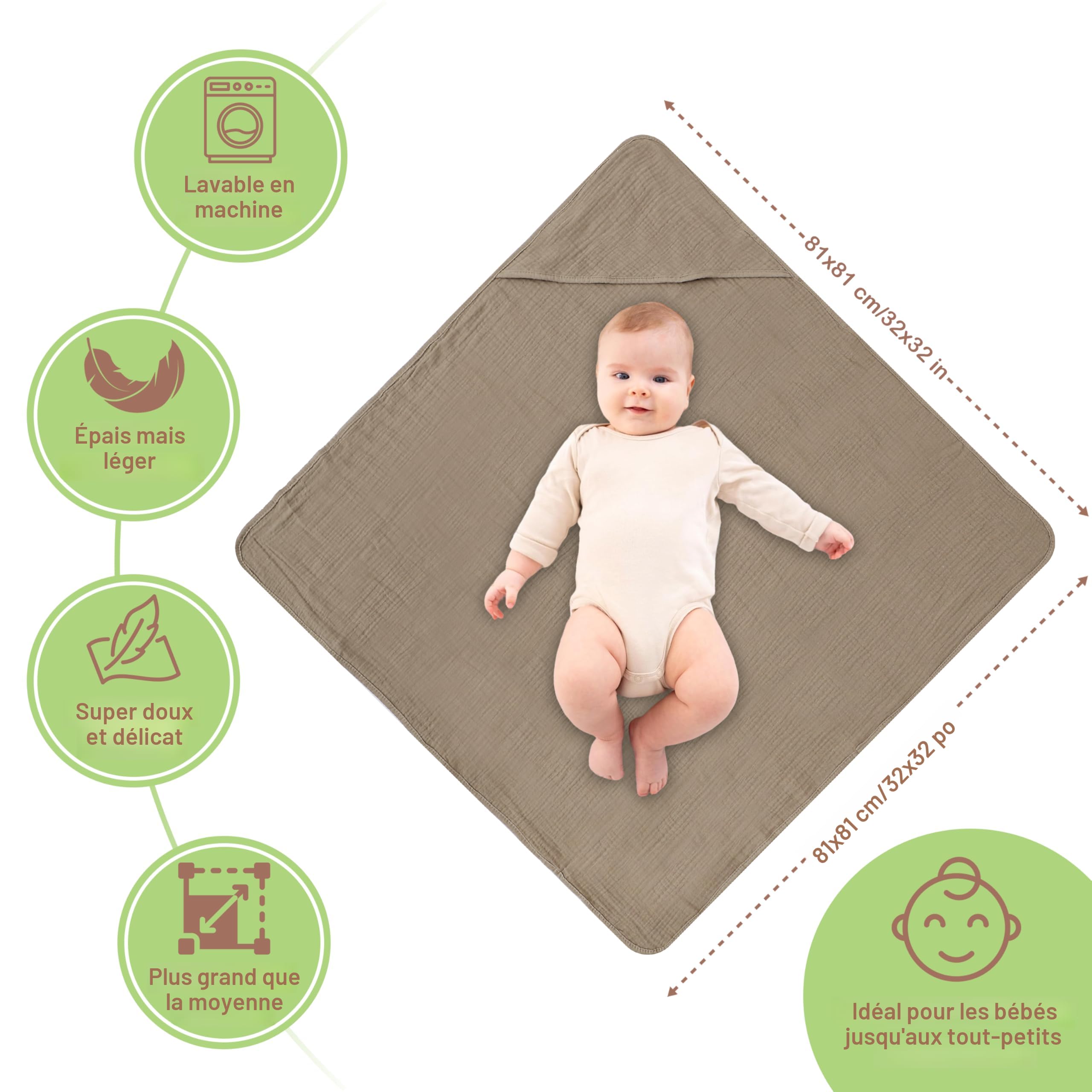 Lot De 2 Serviettes De Bain à Capuche Bébé Mousseline Coton Bio - 81.3x81.3cm Olive/Ivoire, Douces Et Absorbantes