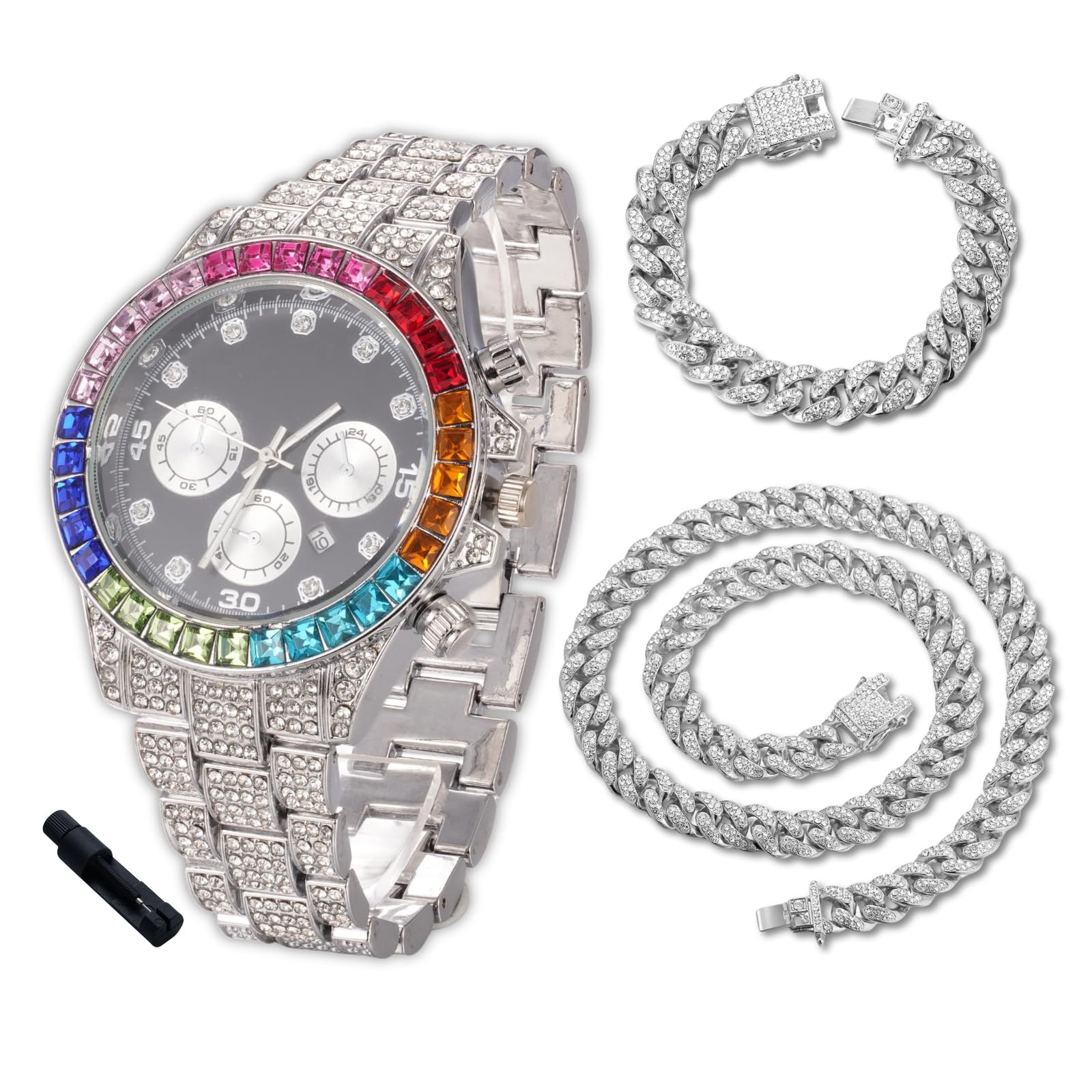 HALUKAKAH Orologio con Diamanti in Oro per Bambini - Placcato in Oro 18 Carati/Platino,Quadrante Nero 40mm,Quarzo Giapponese - Lunghezza 18.5cm - Opzionale con Catena Cubana,con Strumento Regolatore