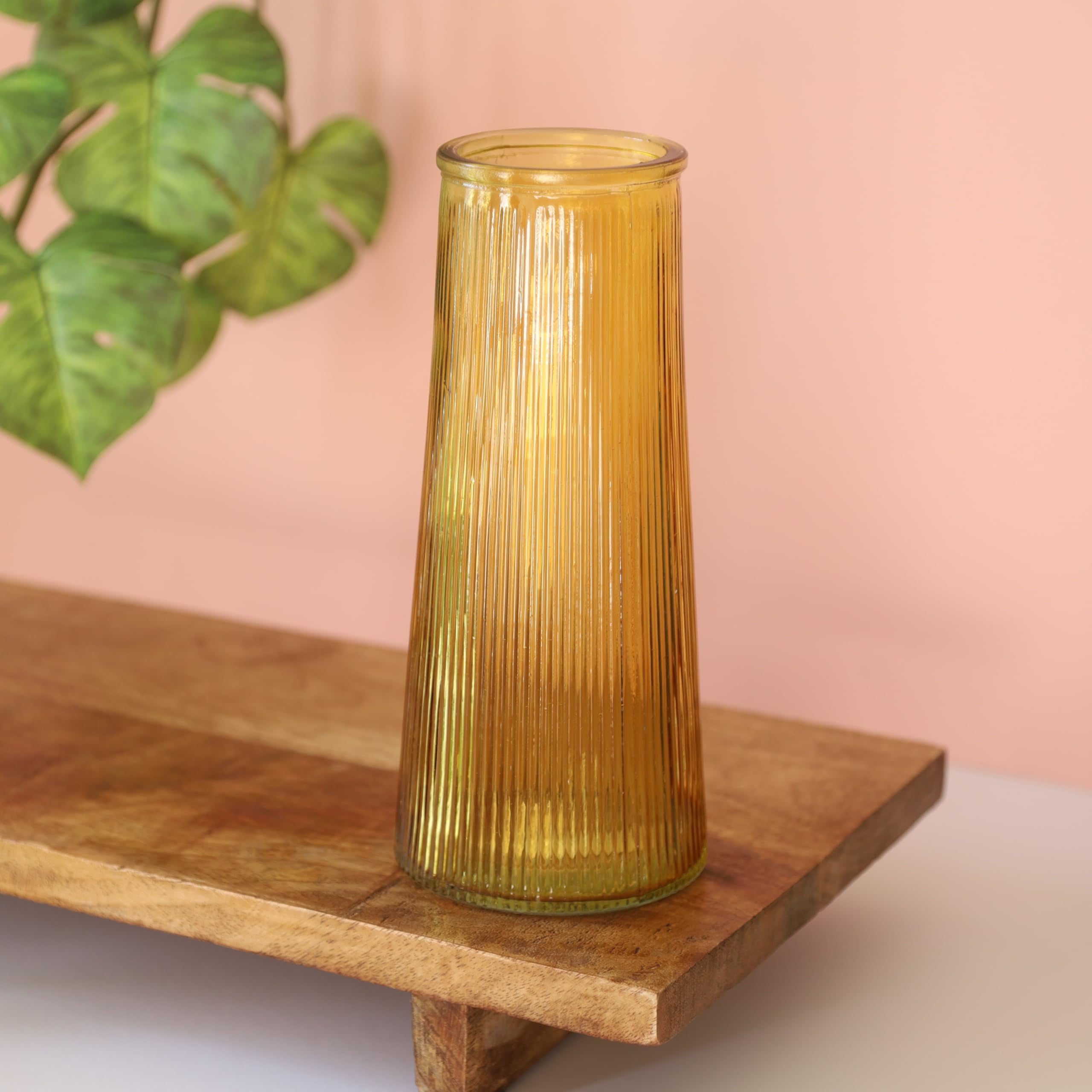 Tall Ribbed Glass Flower Vase Rustic Home Decor 22cm, 9inch Cylinder Glass Planter For Centerpieces Tabletop Shelf Sitter Home Decorative Gift (Yellow)
