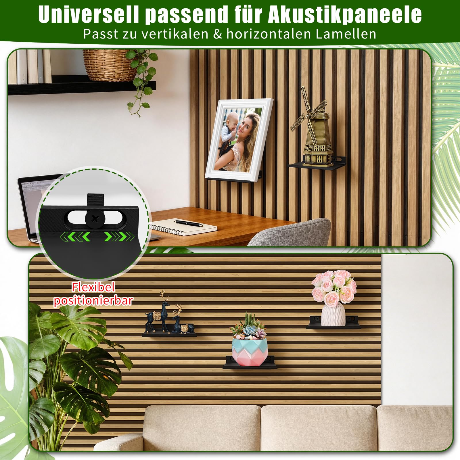 Meetory Scaffale per pannelli acustici - Set da 2 accessori per pannelli acustici senza foratura per pannelli verticali e orizzontali, organizer da parete, mensola da parete per soggiorno, camera da