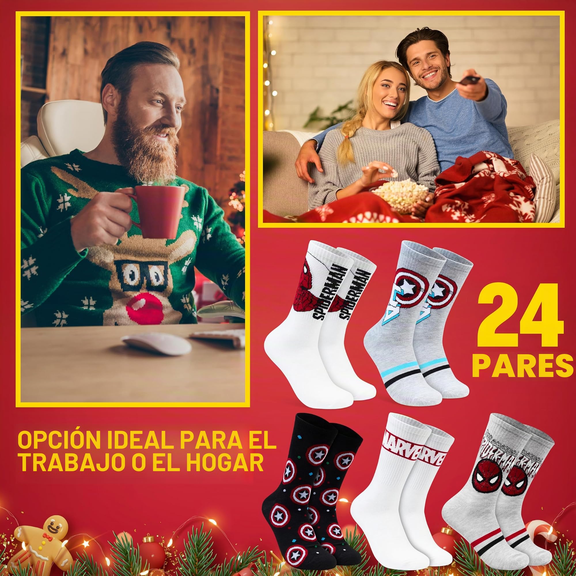 Get Trend Marvel Calendario Adviento 2025 con 24 Calcetines Hombre, 41-45, Diseños de Superhéroes Spiderman, Hulk, Thor y Más, Regalo Friki Hombre