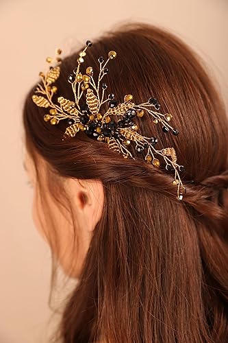 BERYUAN Peine de pelo con cuentas doradas de cristal negro, pieza de pelo de boda, diadema dorada para novia, estilo bohemio, accesorio elegante