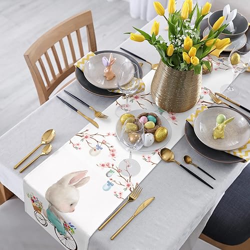 Miniatura 2 de Camino de mesa para decoración de mesa de cocina, conejito de Pascua, huevos de bicicleta, flores, 13 x 70 pulgadas, cubierta de mesa de algodón