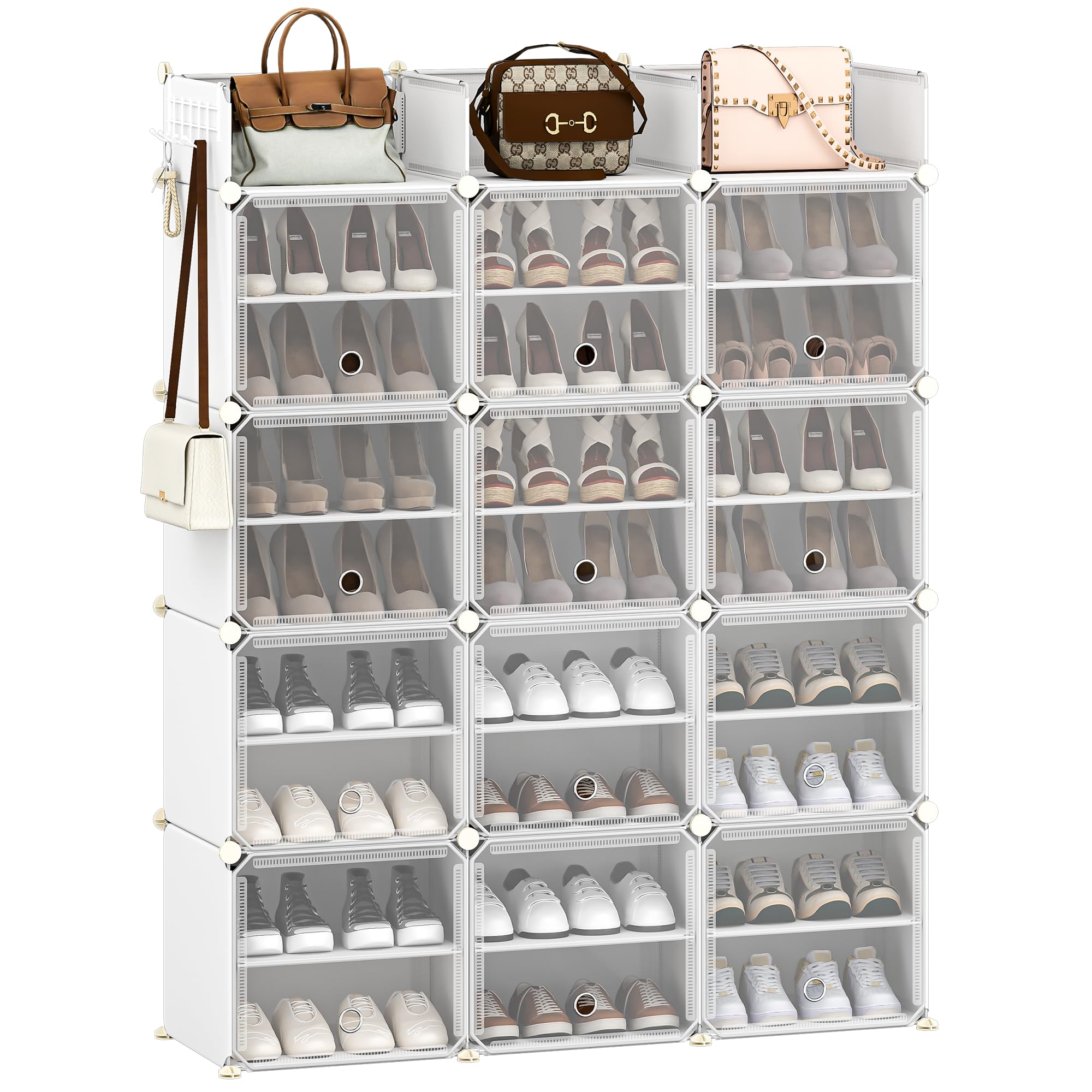 Hzuaneri Zapatero de 12 Puertas con Ganchos, para 48 Pares de Zapatos | Banco de Zapatos de Plástico para Pasillo, Dormitorio, Entrada, 36 x 125 x 161 cm, Blanca Transparente, SR10903W