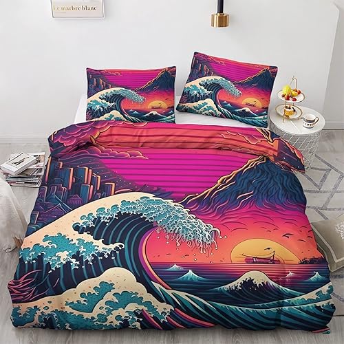 zcwl Juego de funda de edredón tamaño Queen  Juego de ropa de cama japonesa  Patrón de arte Vaporwave Ukiyoe  3 piezas  Funda de edredón de