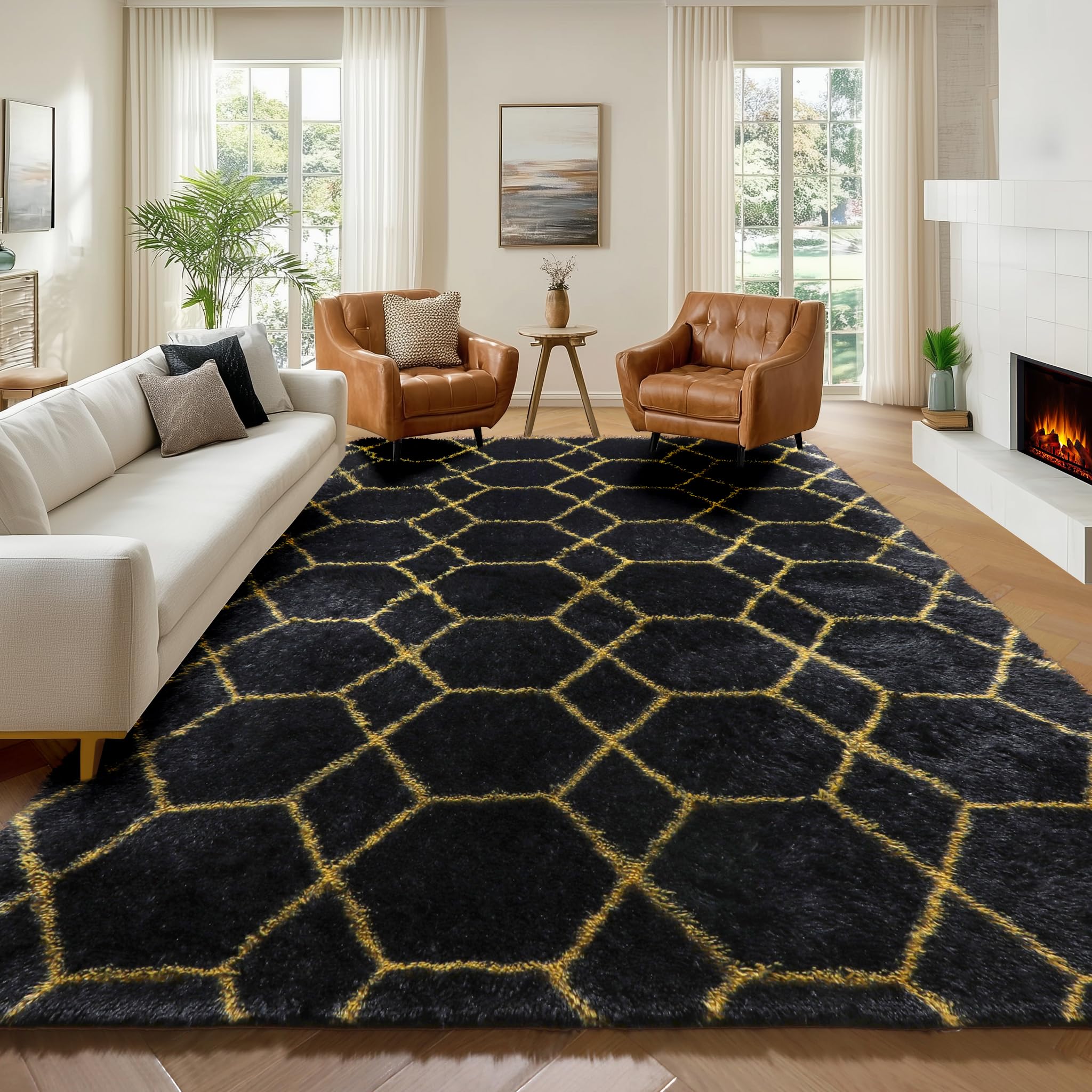 ONASAR 6x9 Area Rugs for Living Room Bedroom, Large Fluffy Black and Gold Throw Rug, Geometric Soft Plush Shaggy Fuzzy Floor Carpet for Nursery Kids