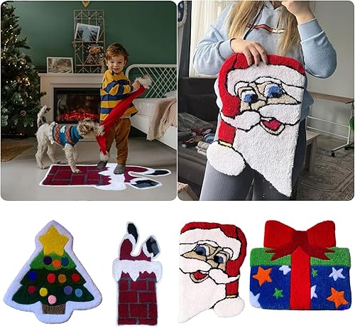 Miniatura 6 de Divertida alfombra de puerta de Navidad, alfombras de baño antideslizantes con medias de Papá Noel, Papá Noel, regalo, chimenea y árbol de Navidad,