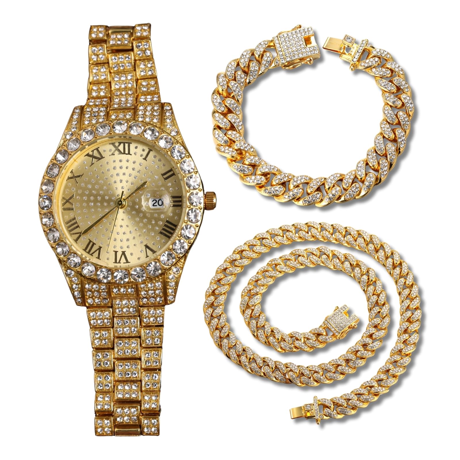 Orologio con Diamanti per Uomo – Quadrante Rotondo 43mm con Numeri Romani – Placcato in Oro 18K/Platino 22,5cm – Quarzo Giapponese – Gioiello di Lusso – Può essere Abbinato a Catena Cubana