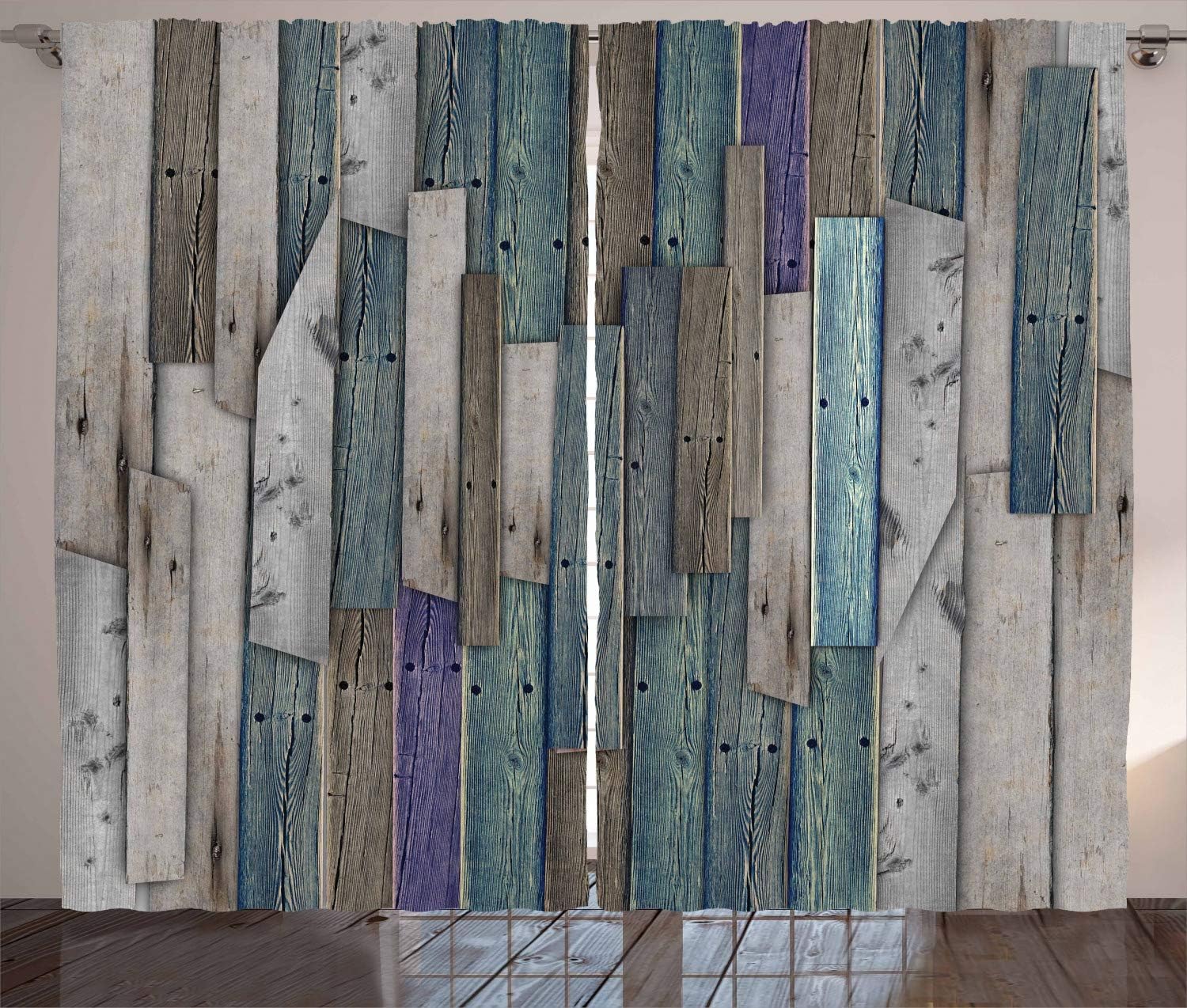 Ambesonne Rustic Curtains, Blue Grey Grunge Wood Planks Barn House Door Nails Country Life Theme Art, Living Room Bedroom Window Drapes 2 Panel Set, 108" X 84", Umber Pale Teal Plum