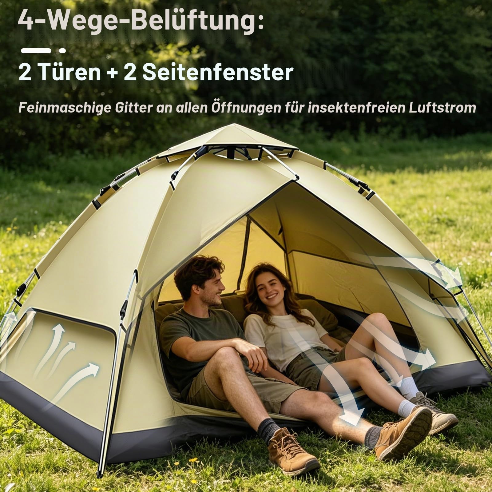 Pop-Up-Zelt für 3-4 Personen, Automatischer Aufbau in 10 Sekunden, Doppelwandiges, Wasserdichtes und UV-beständiges Kuppelzelt mit Tragetasche für Camping Wandern Strand