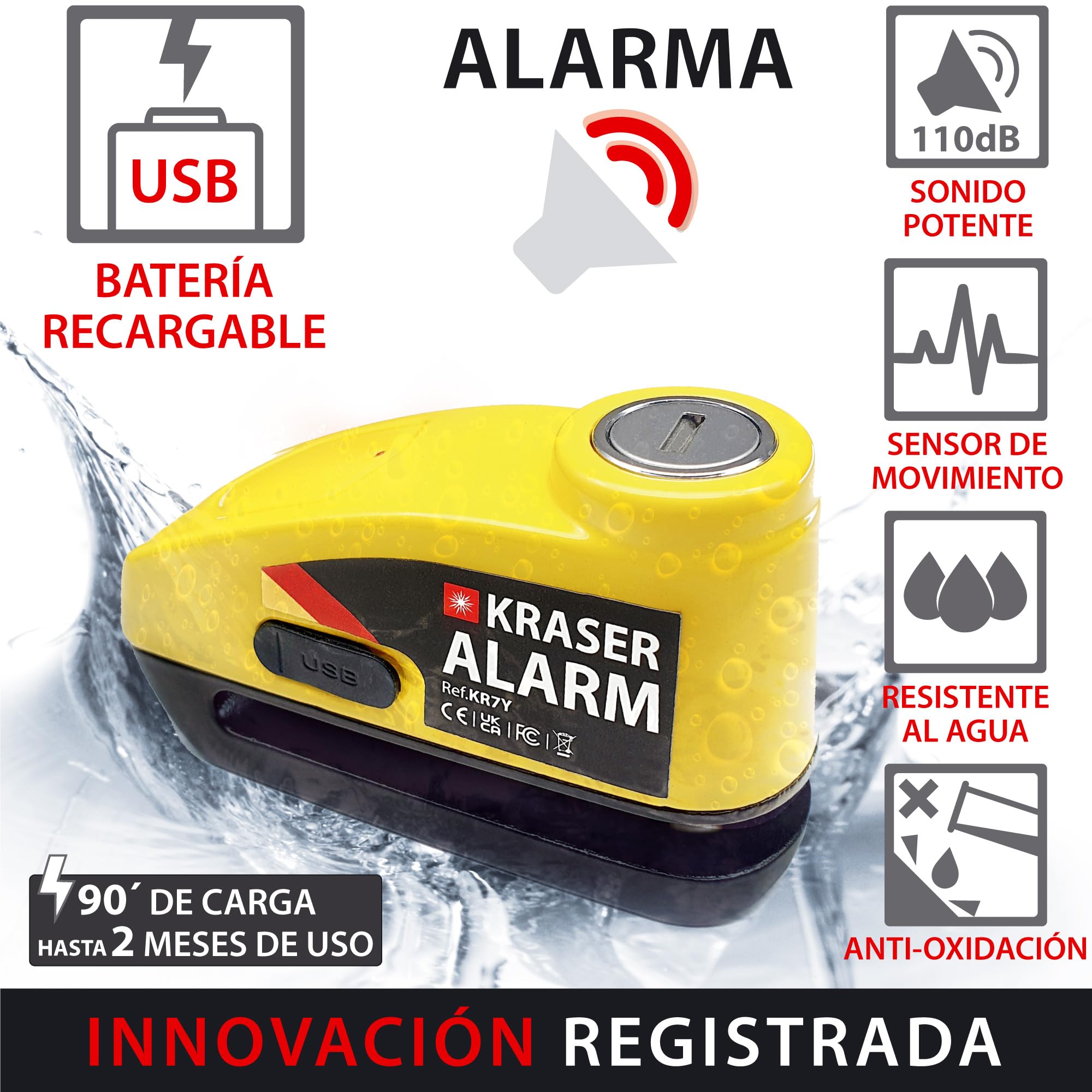 KRASER KR7Y Candado Disco Moto con Alarma 110dB Batería Recargable USB, Sensor de Movimiento, Impermeable Resistente Visible, Antirrobo Cepo Pinza Freno Bloqueo 7mm Universal, Amarillo