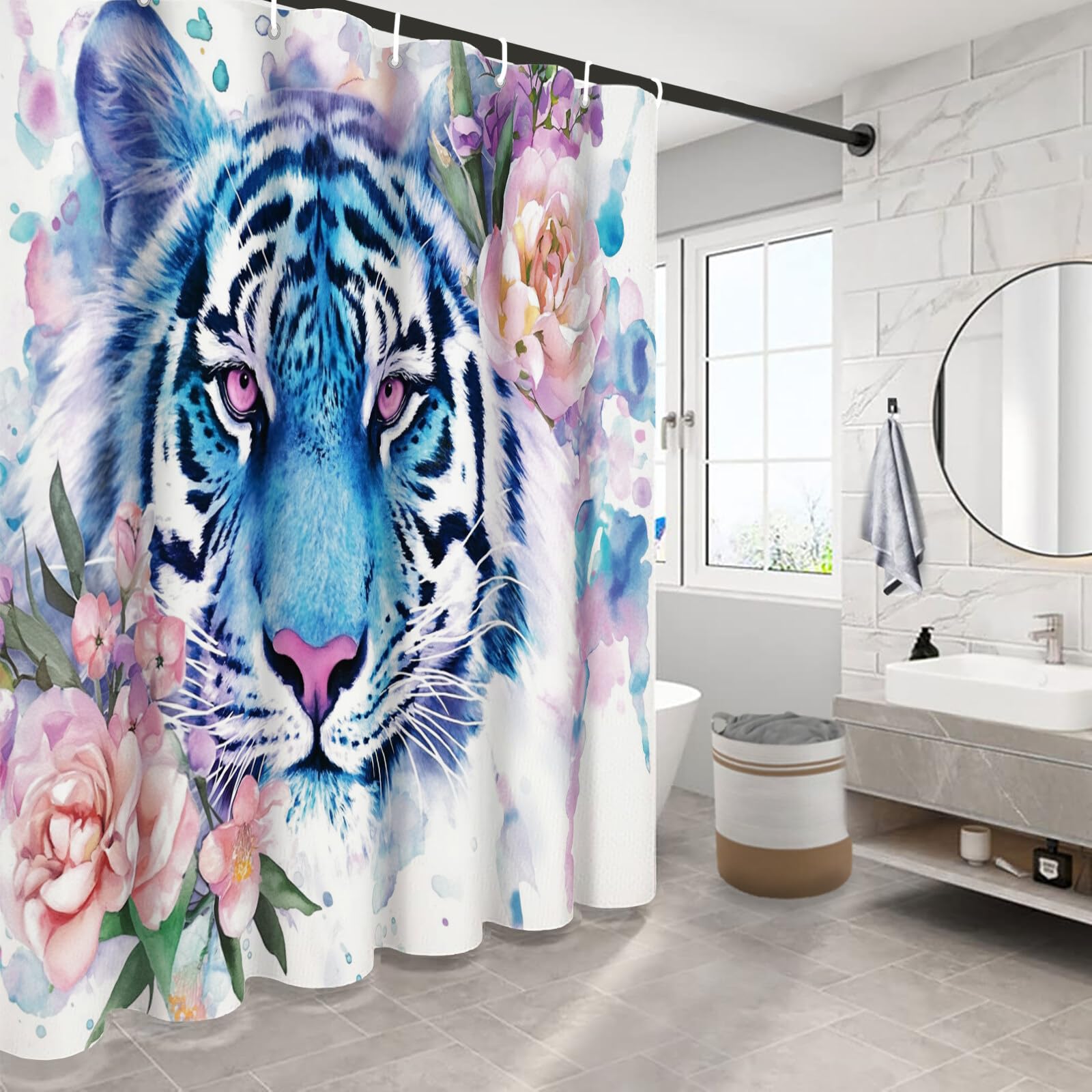 Rideau De Douche Tigre des Fleurs Animaux À L'Aquarelle Tissu Imperméable Lavable avec Crochets Anti Moisissure en Polyester Rideau Douche pour Salle De Bain