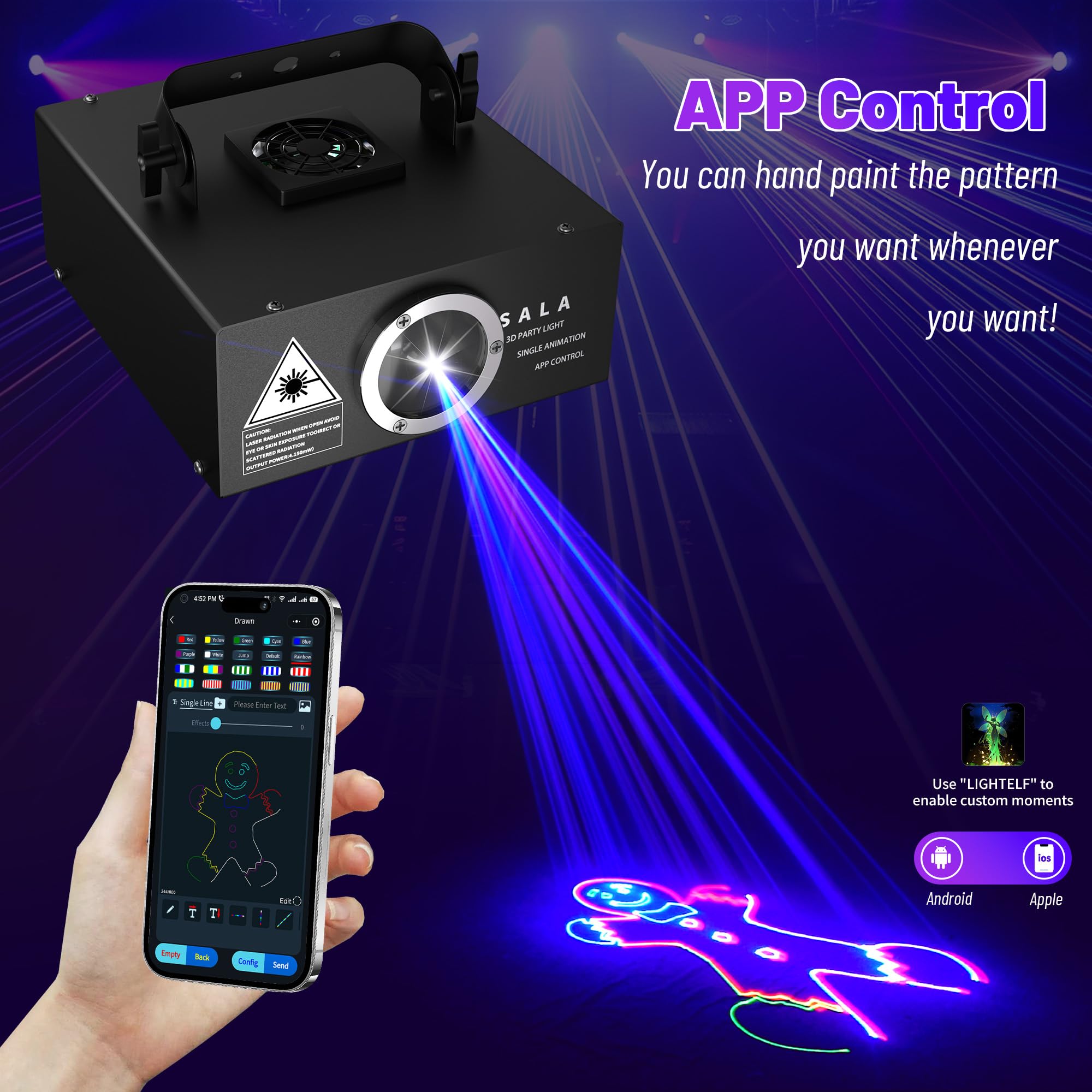 DJ Laser Light with App Control, 3D Animation Laser Projector for Party, Supports Custom Drawings, Text Playback, Personalized Programming, Sound Activated Laser Machine for Stage, Disco, KTV, Bar