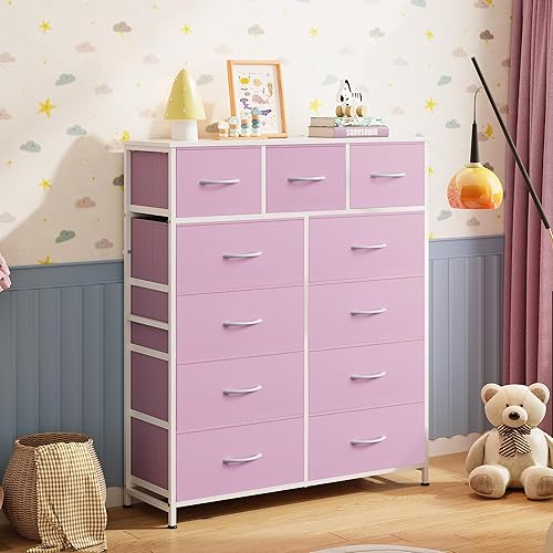 Vista 2 de WLIVE Storage Organizer Unit with 11 Fabric Bins, Storage Drawers Organizer with Steel Frame, Tall Storage Tower Organizaton for Living Room, A-Pink