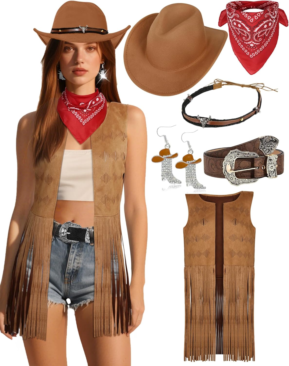 Western Outfits for Women Cowgirl Costume Women Fringe Vest Sleeveless with Cowboy Hat Earring Bandana Belts Accessories