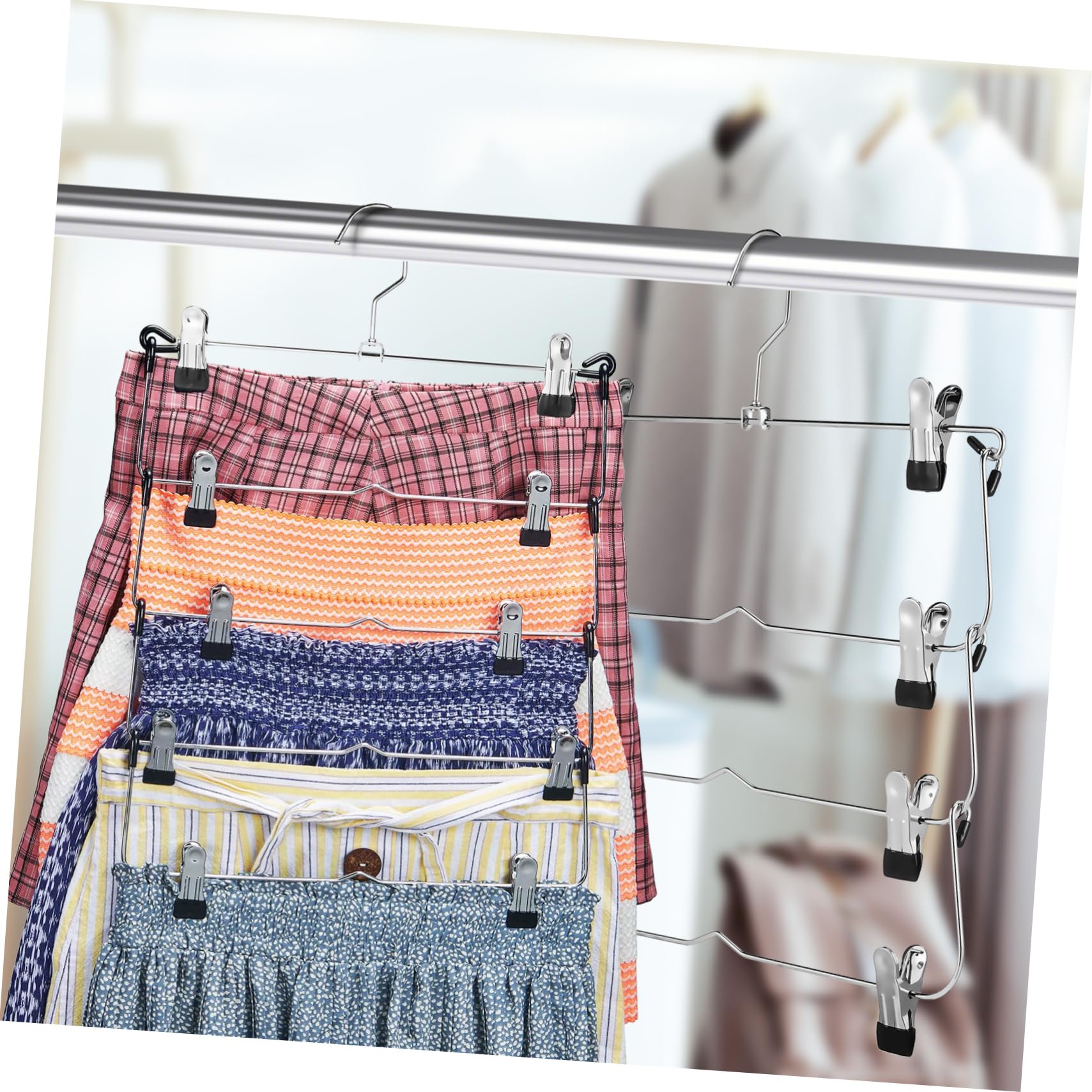 Grucce per Gonne con Clip a 4 Pezzi in Acciaio al Manganese | Design Multilivello, Colore Argento, per Armadio e Guardaroba, Uso Versatile per Capi