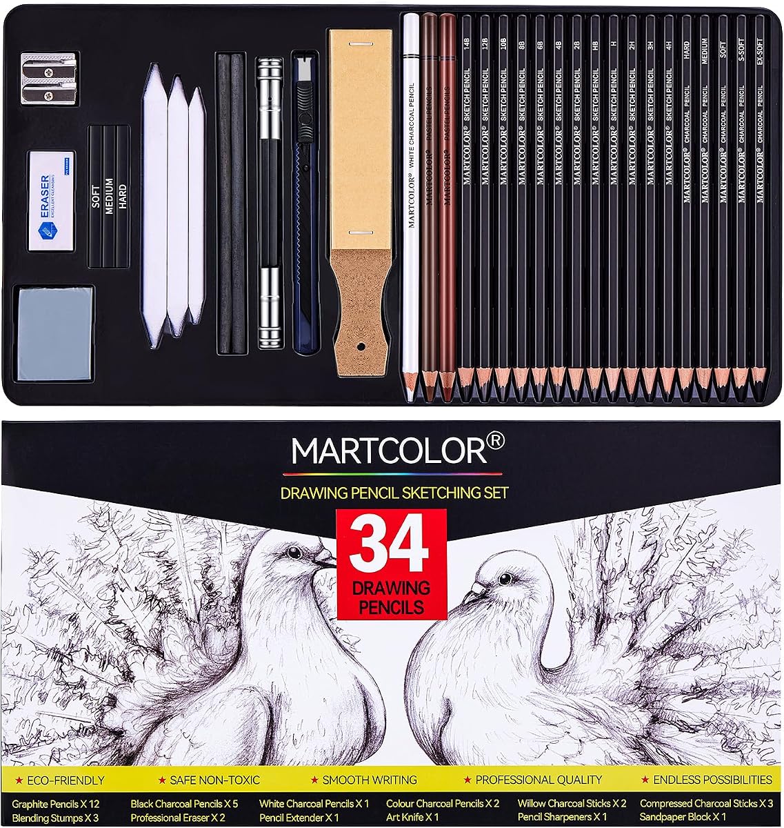 MARTCOLOR Drawing Sketching Pencils Set, 34 Pieces Graphite Pencil (14B-4H) | Pro Art Pencil Kit with Charcoal Pencils, Charcoal Sticks, Artist Pencils for Beginners & Pro Artists