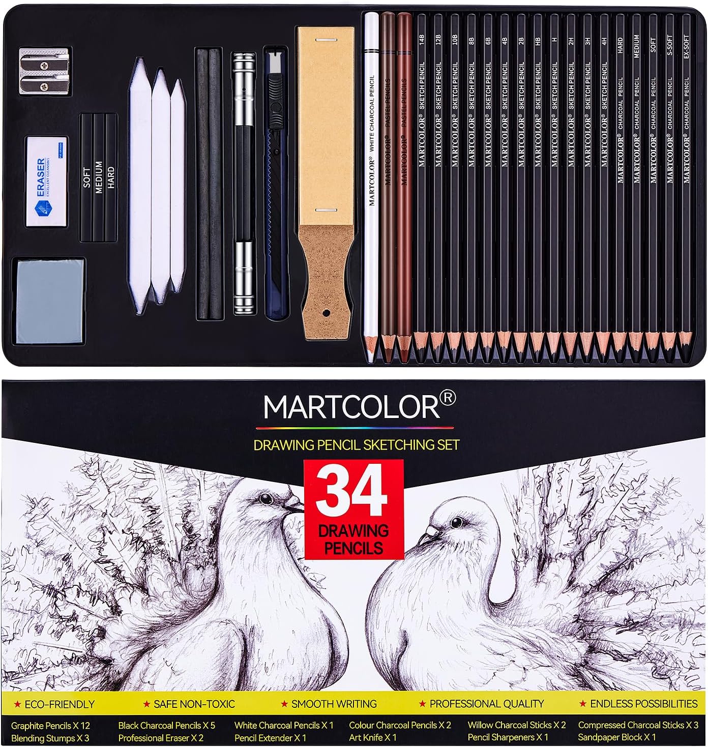 MARTCOLOR Drawing Sketching Pencils Set, 34 Pieces Pro Art Pencil Kit - Graphite Pencils (14B-4H), Charcoal Pencils, Charcoal Sticks, Artist Pencils for Beginners & Pro Artists