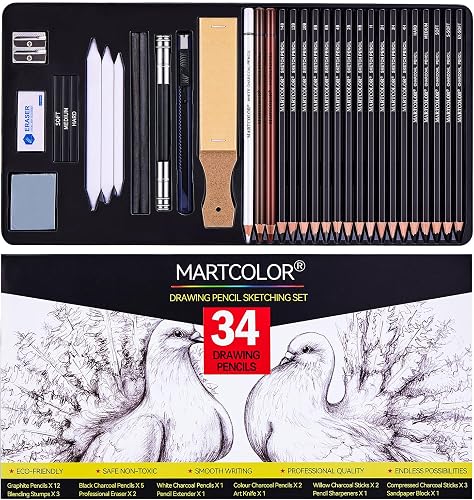 MARTCOLOR Drawing Sketching Pencils Set, 34 Pieces Pro Art Pencil Kit - Graphite Pencils (14B-4H), Charcoal Pencils, Charcoal Sticks, Artist Pencils for Beginners & Pro Artists
