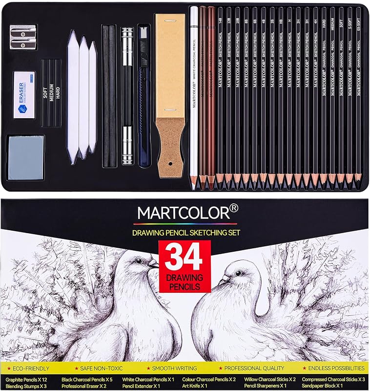 MARTCOLOR Drawing Sketching Pencils Set, 34 Pieces Graphite Pencil (14B-4H) | Pro Art Pencil Kit with Charcoal Pencils, Charcoal Sticks, Artist Pencils for Beginners & Pro Artists