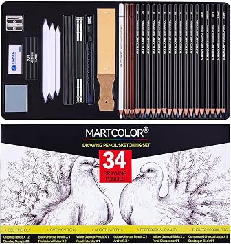 MARTCOLOR Drawing Sketching Pencils Set, 34 Pieces Pro Art Pencil Kit - Graphite Pencils 14B-4H, Charcoal Pencils, Charcoal Sticks, Artist Pencils for Beginners & Pro Artists