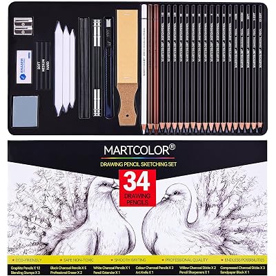 MARTCOLOR Drawing Sketching Pencils Set, 34 Pieces Pro Art Pencil Kit - Graphite Pencils (14B-4H), Charcoal Pencils, Charcoal Sticks, Artist Pencils for Beginners & Pro Artists