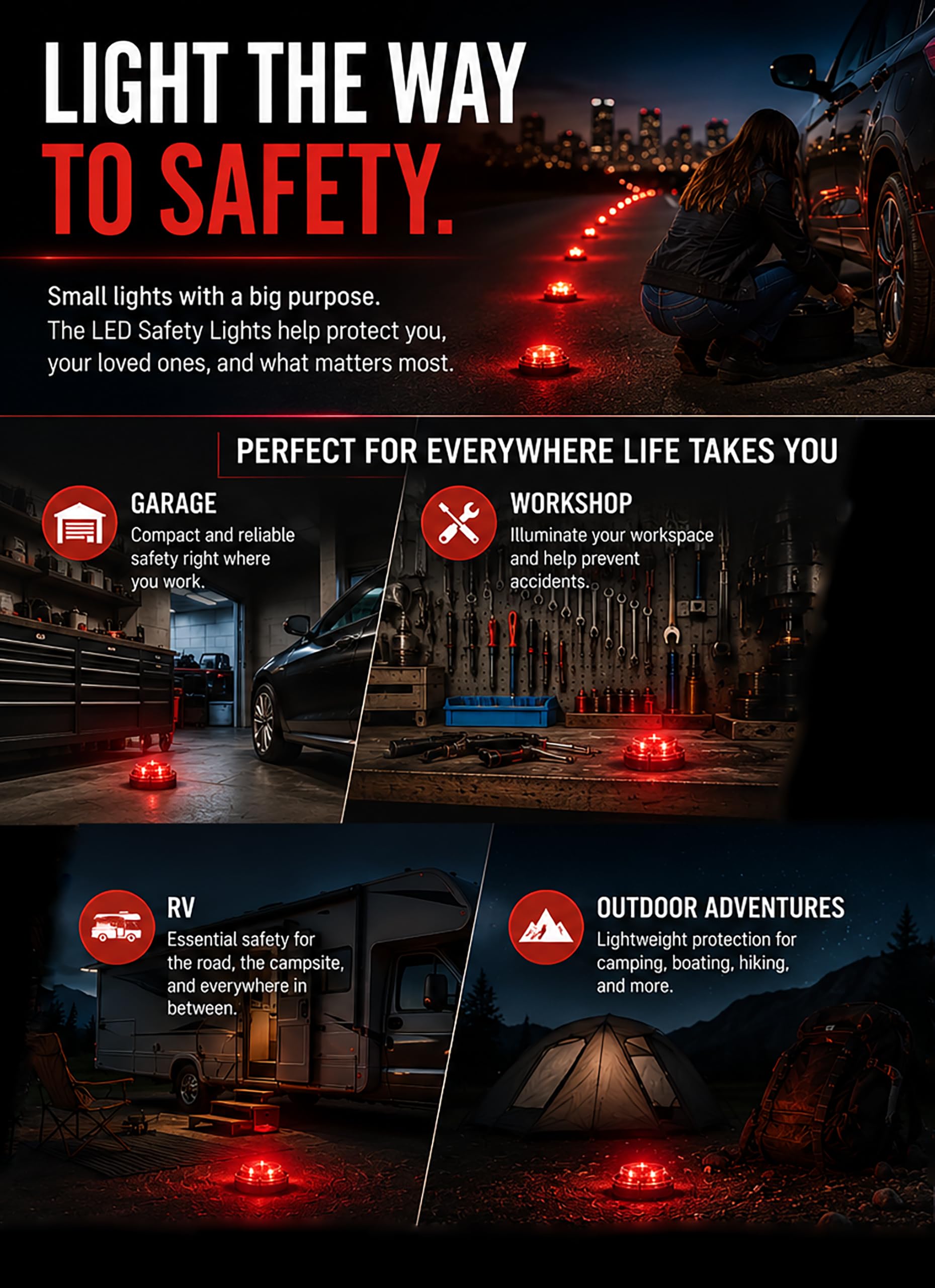 First Alert - Luces LED Rojas de Emergencia para Carretera, Juego de 3 Luces con Bolsa de Almacenamiento