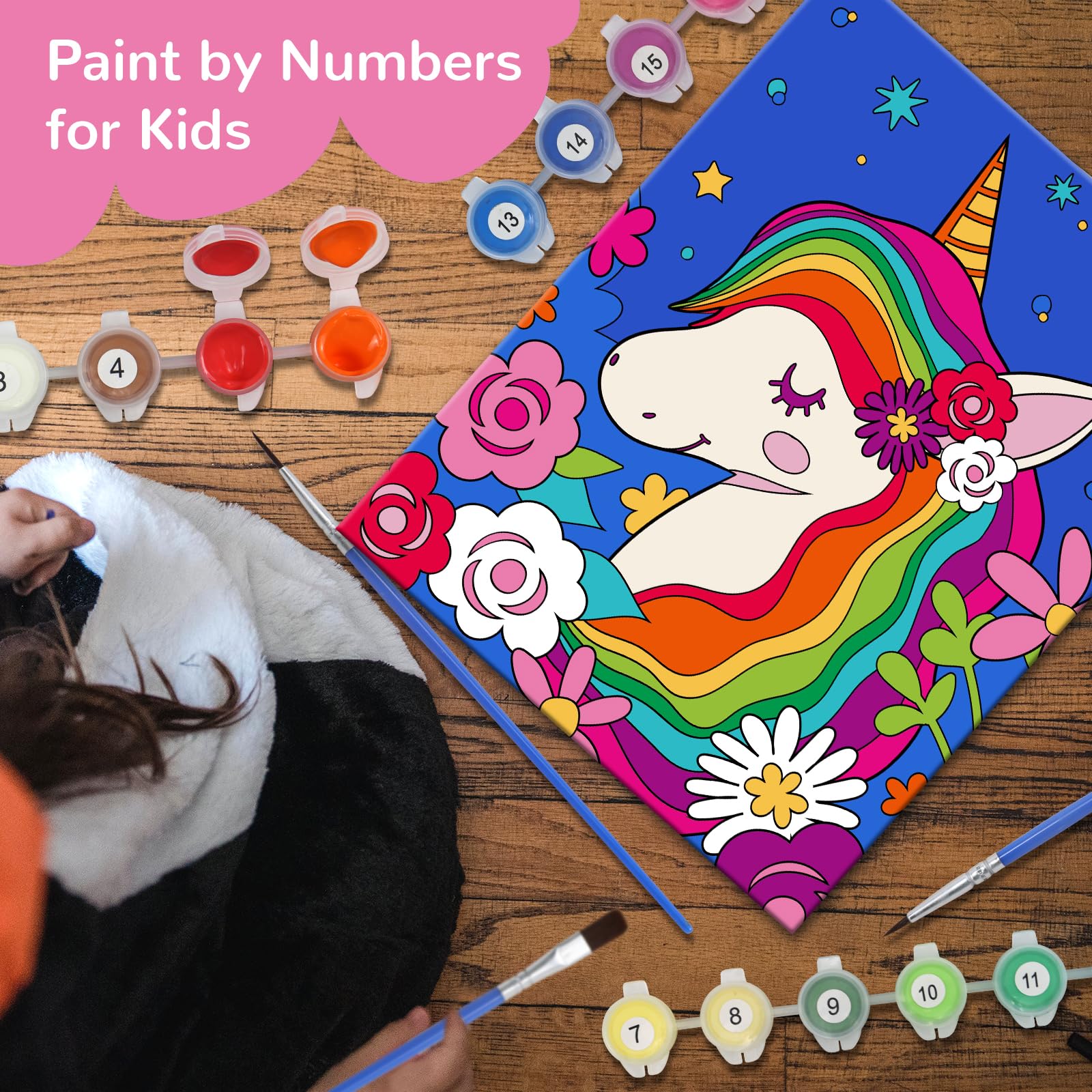 Paquete de 3 pinturas por números para niños, pintura en lienzo predibujada, incluye lienzo enmarcado de 8 x 10 pulgadas con 18 pinturas acrílicas, 5 pinceles, regalos creativos perfectos y artes y