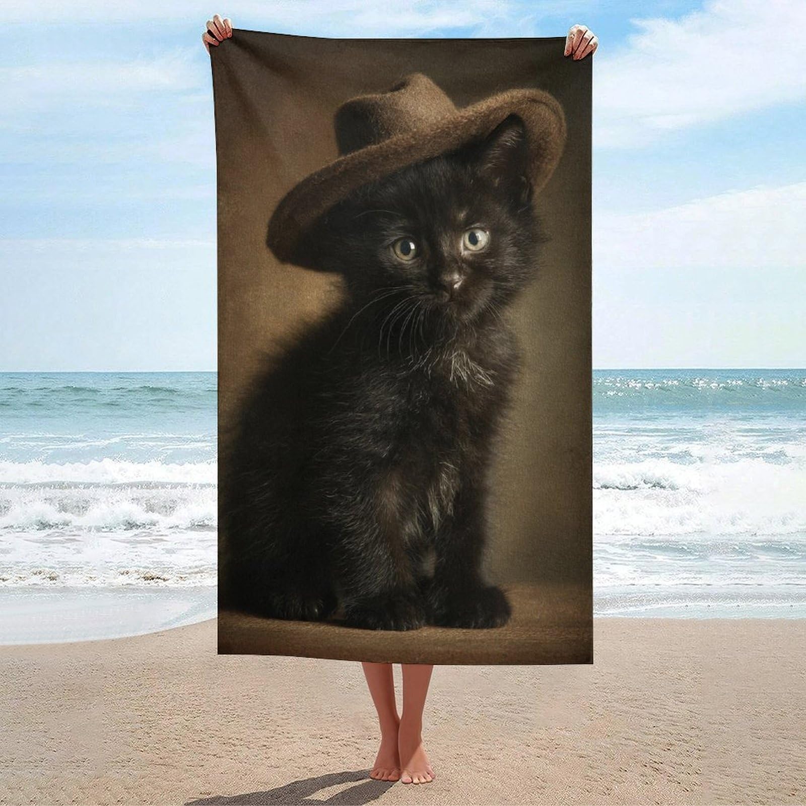 asbwuo Black Kitten Wearing an Old Hat Beach Towel