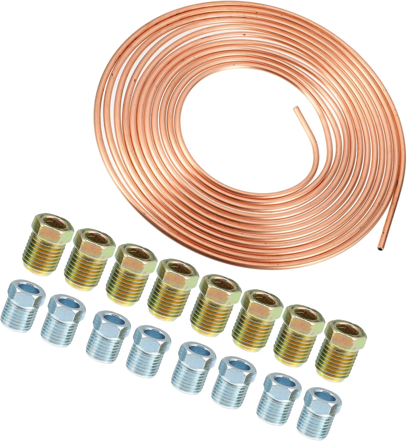 Motoforti 1 Set 25 Ft of 5/16 Inch OD Brake Line Tubing Kit Flexible Copper Coated Brake Line Tube Roll Coil with 16 Inverted Flare Fittings Long-lasting
