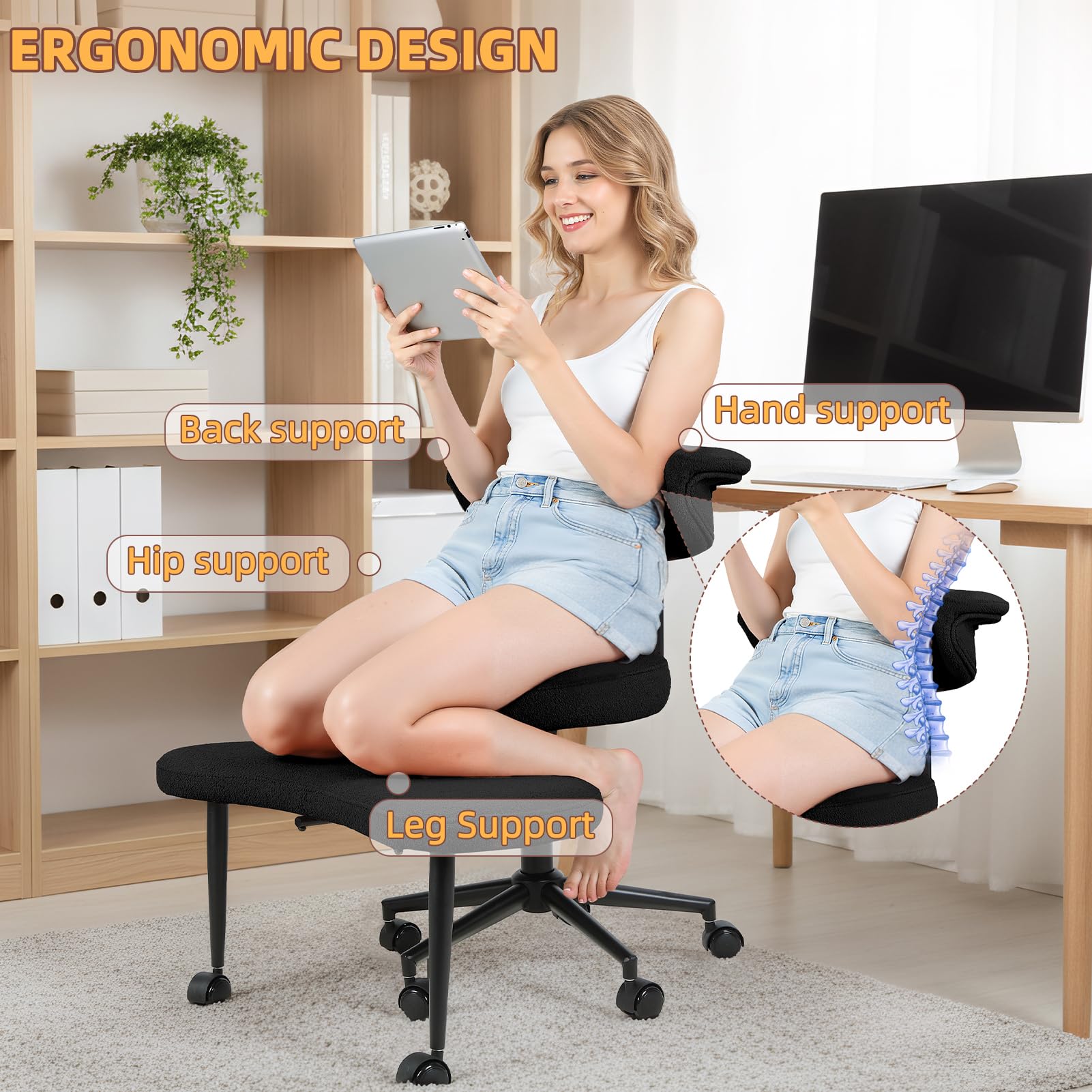 Meditationsstuhl mit Kreuzsitz-Design, fahrbarer Bürostuhl für Erwachsene mit ADHS, höhenverstellbare Lordosenstütze, Schwarz-C