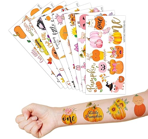 Miniatura 8 de Tatuajes temporales de cumpleaños de Little Pumpkin Baby Shower, 80 calcomanías de calabaza para decoración de fiestas, recuerdos y premios,