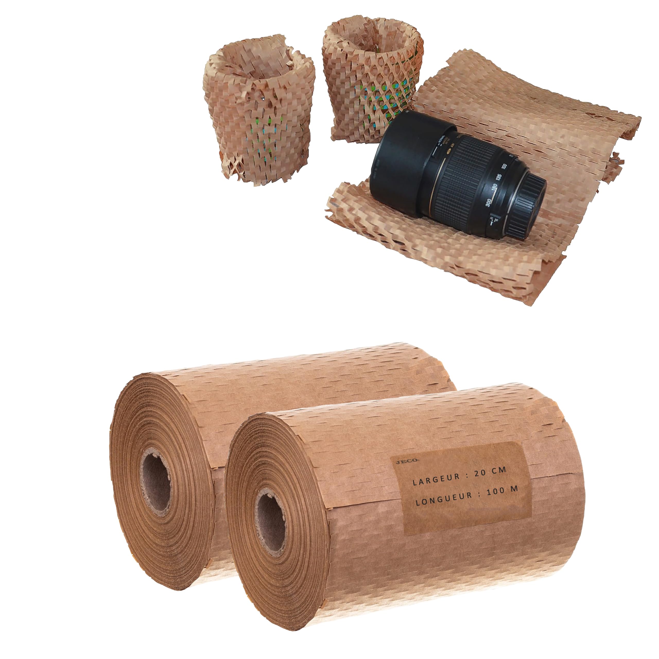 Jeco - Lot de 2 rouleaux de papier kraft en nid d’abeille 20cm x 100m Emballage écologique pour protection, rembourrage, emballage cadeaux, déménagement, remplace le film bulles