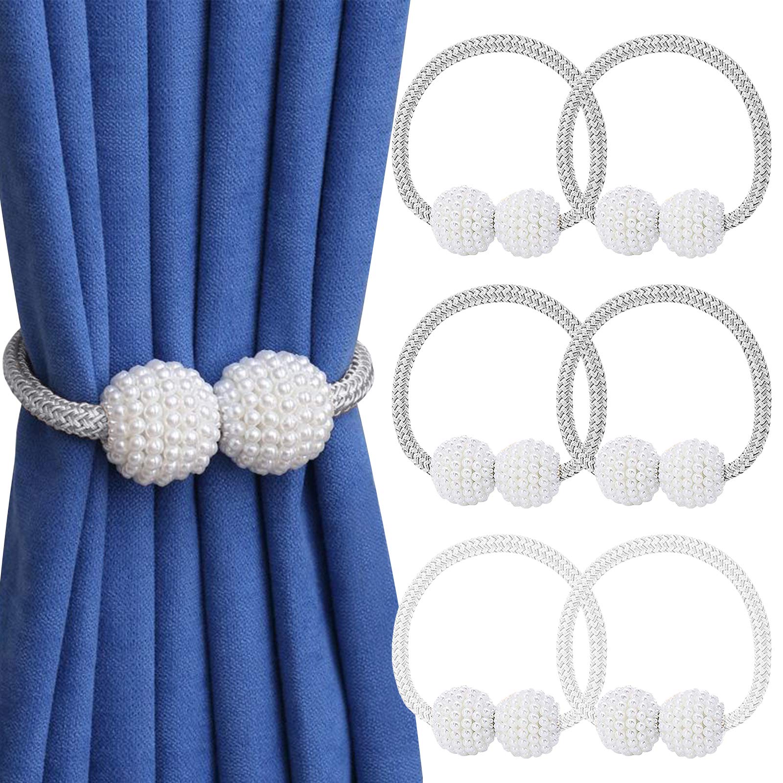 VEGCOO Magnetic Curtain Tiebacks Convenient Drape Tie Backs (6 Pack) - Pearl Decorative Rope Holdback Holder for Home, Office, Hotel Window Decoration, Pretty and Fashion (4 Grey+2 White)
