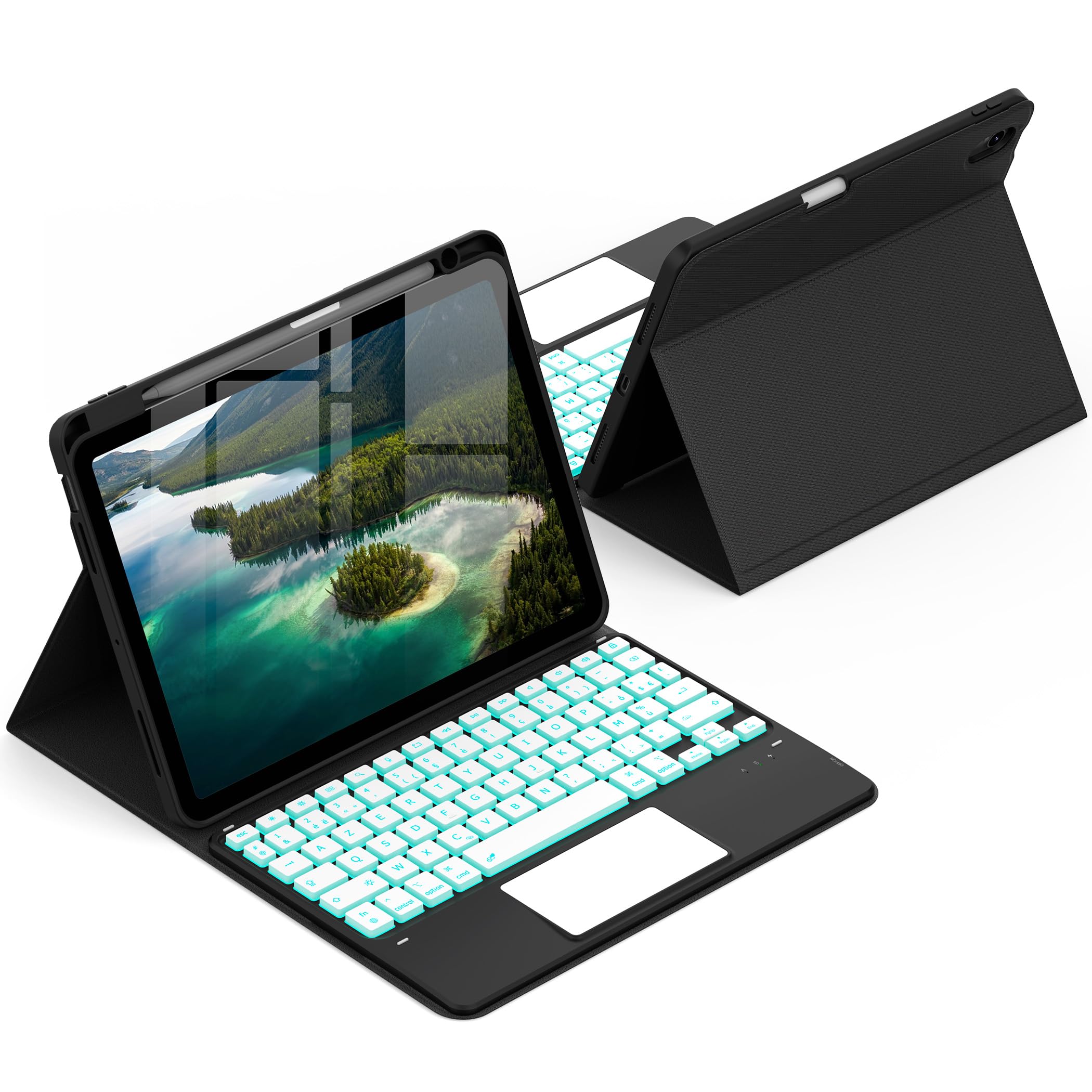 Clavier étui Compatible IPad 10 (10.9" 2022) - Pavé Tactile, Rétroéclairage 7 Couleurs, Amovible, Espagnol, Bleu électrique