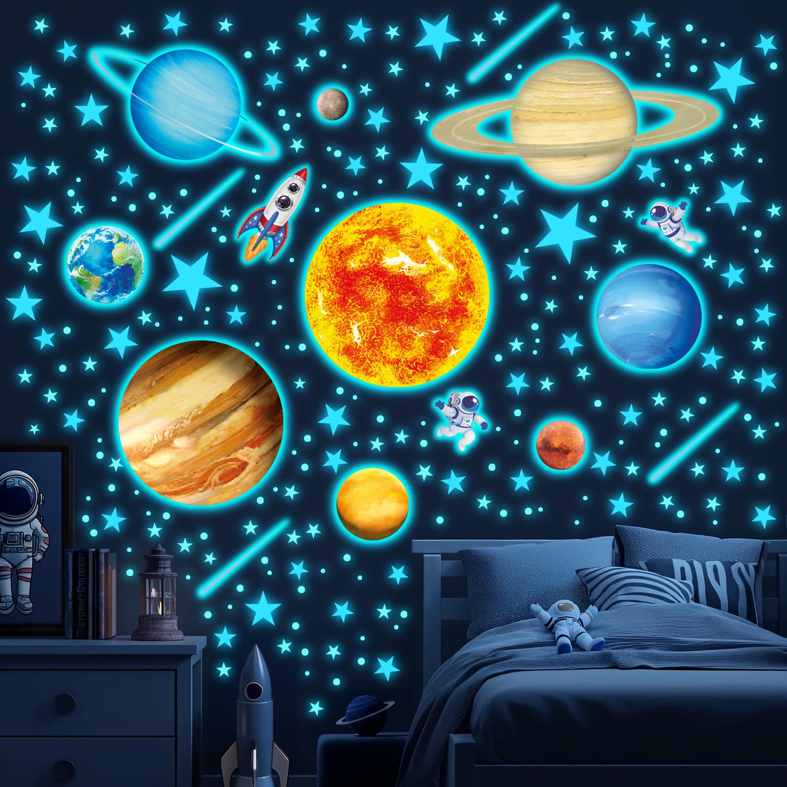 Decowall Boys Glow In The Dark A Glow-In-The-Dark Solar System Wall Stickers – Planets, Stars, Rockets, And Astronauts For Kids Bedroom, Nursery, Playroom Décor (Gds8-8098)